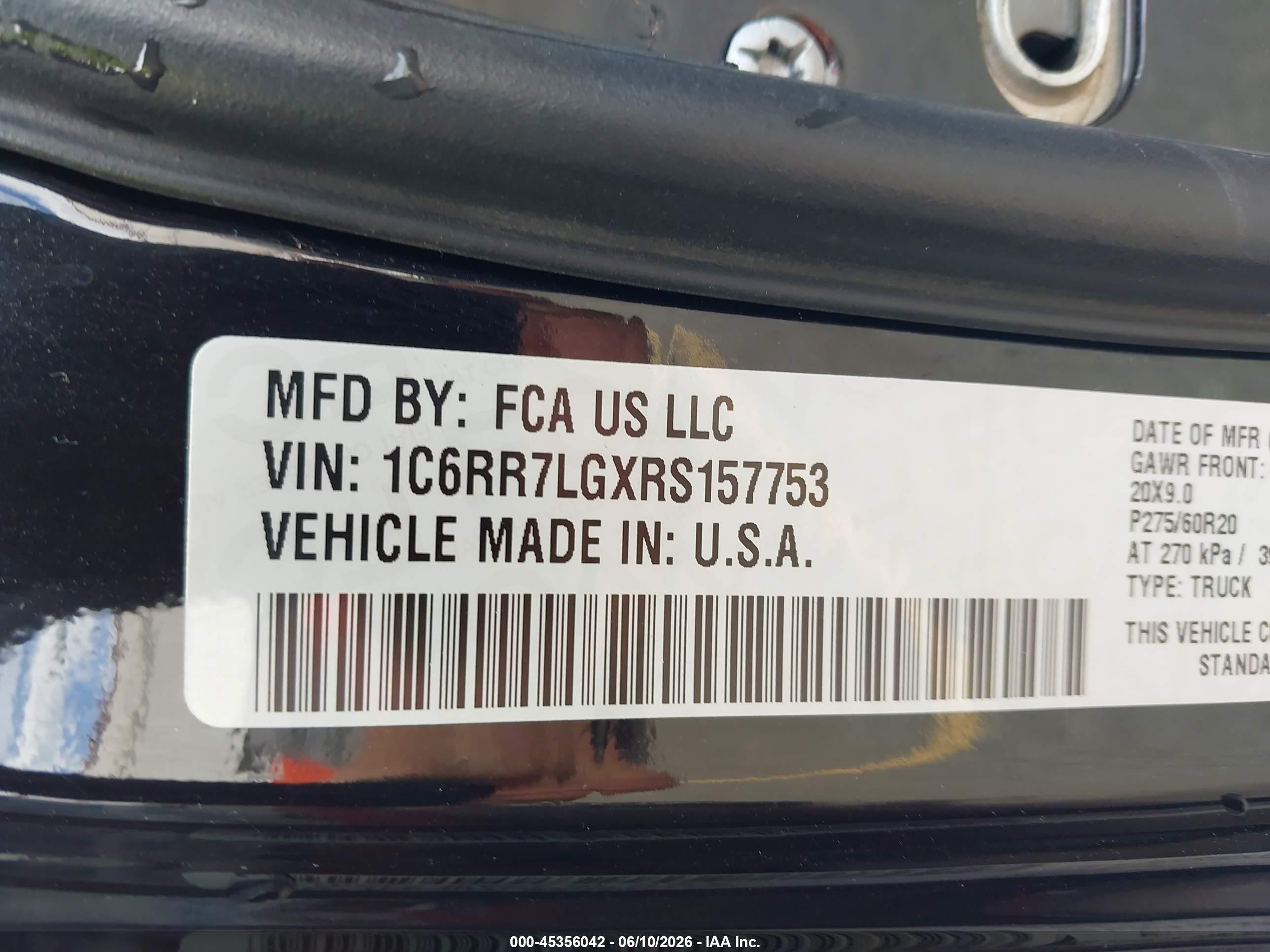 2024 Ram 1500 Classic Warlock  4x4 5'7 Box Черный vin: 1C6RR7LGXRS157753