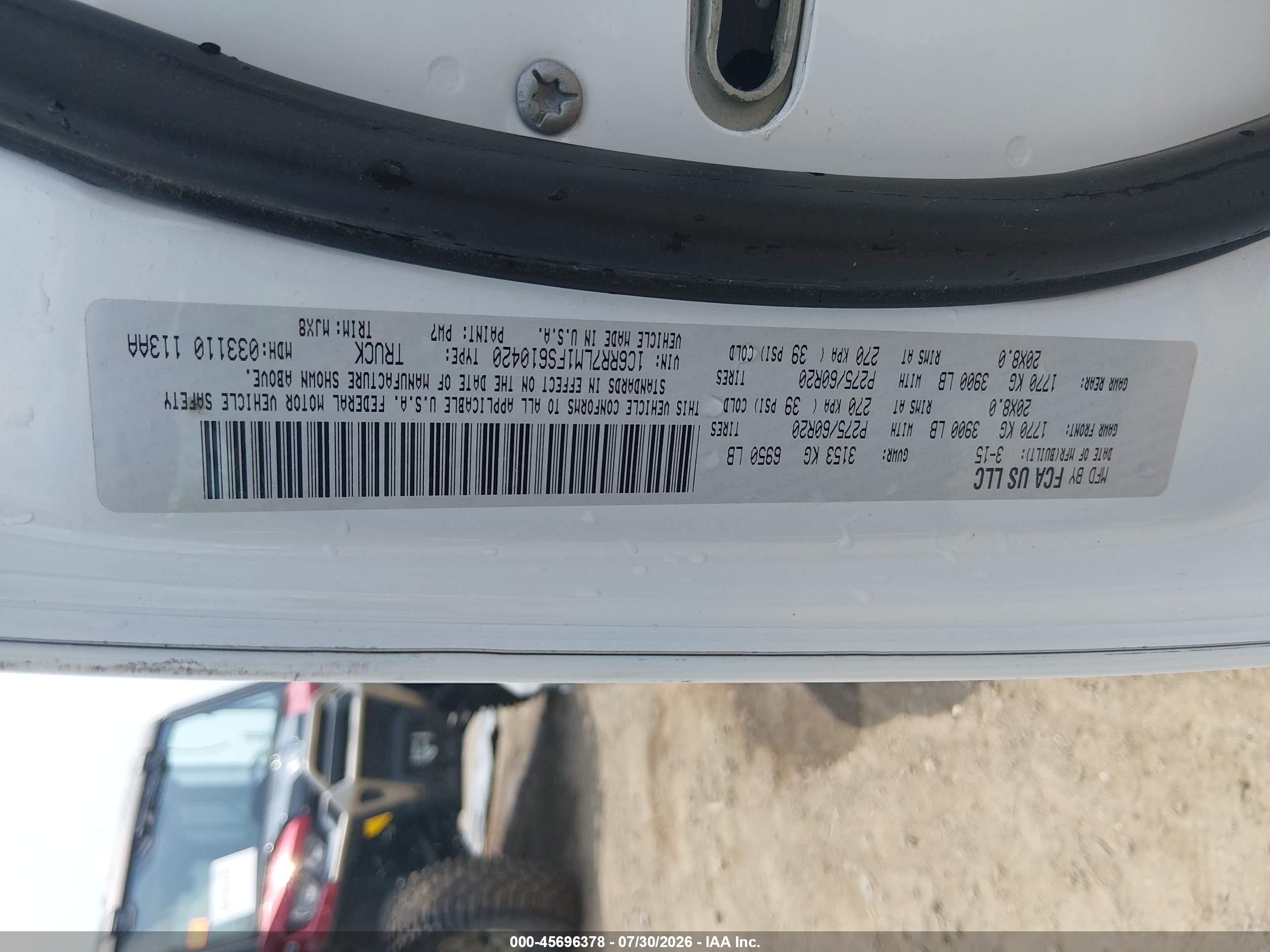 2015 Ram 1500 Big Horn White vin: 1C6RR7LM1FS610420