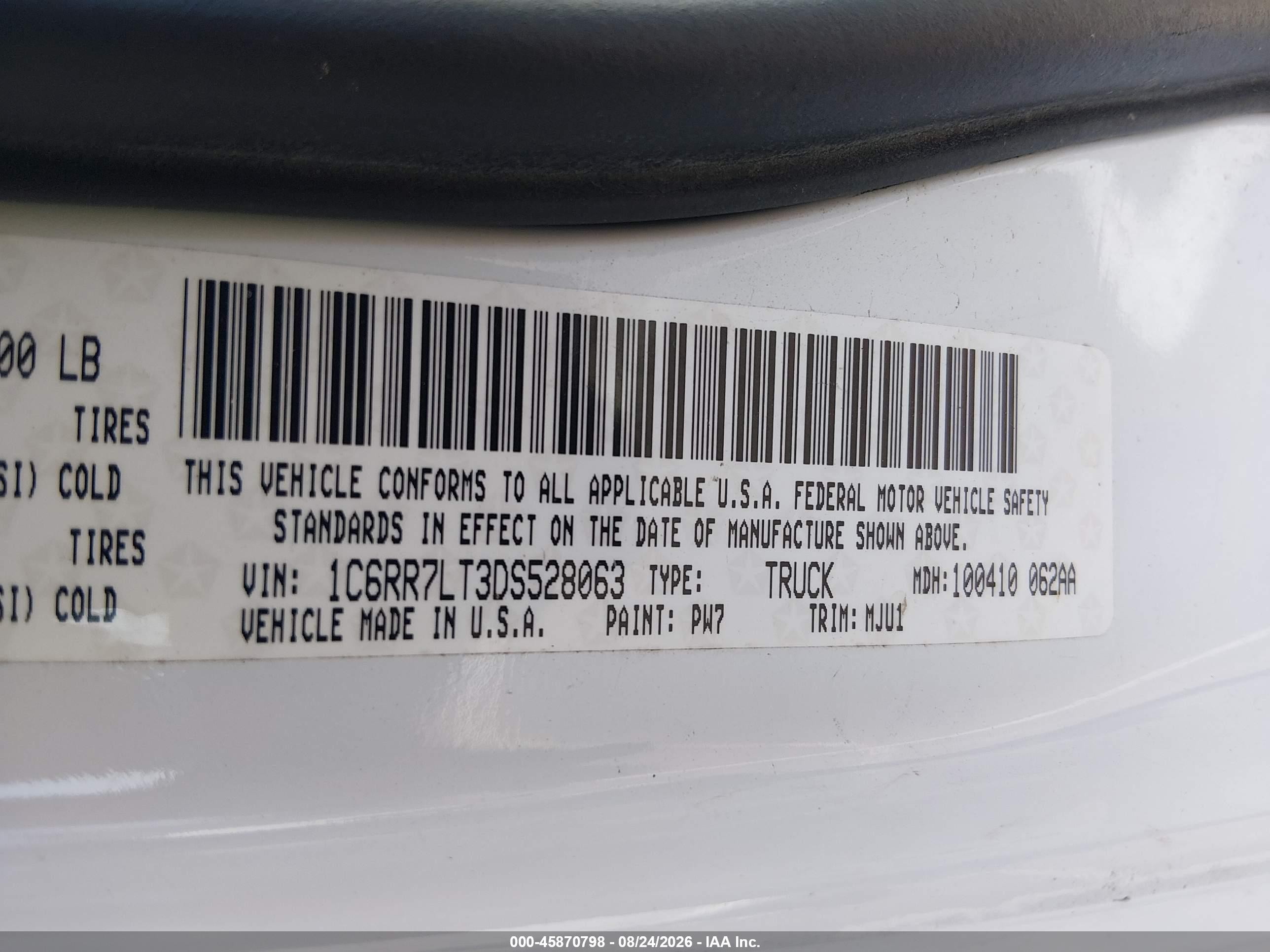 2013 Ram 1500 Big Horn White vin: 1C6RR7LT3DS528063