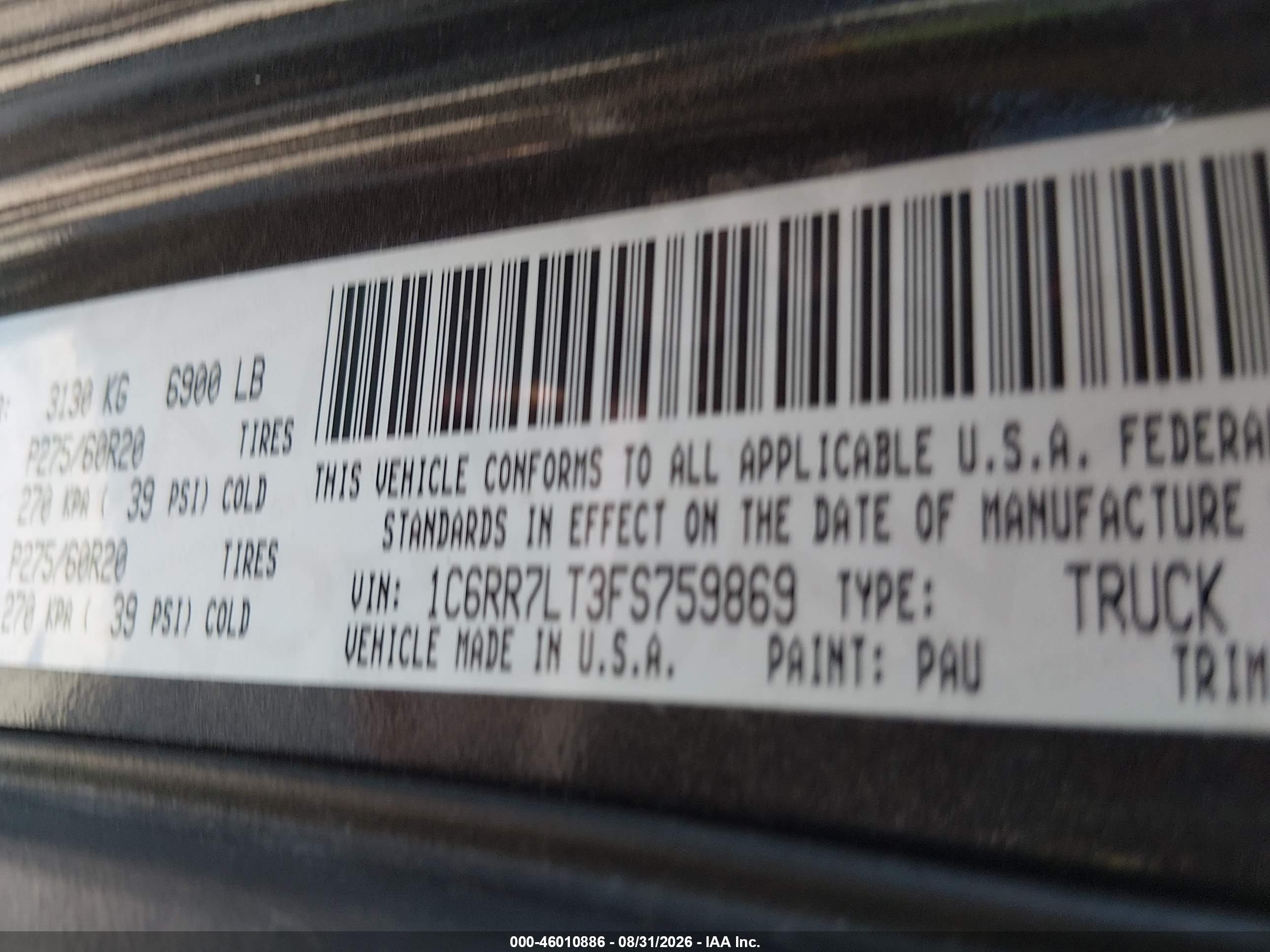 2015 Ram 1500 Big Horn Black vin: 1C6RR7LT3FS759869