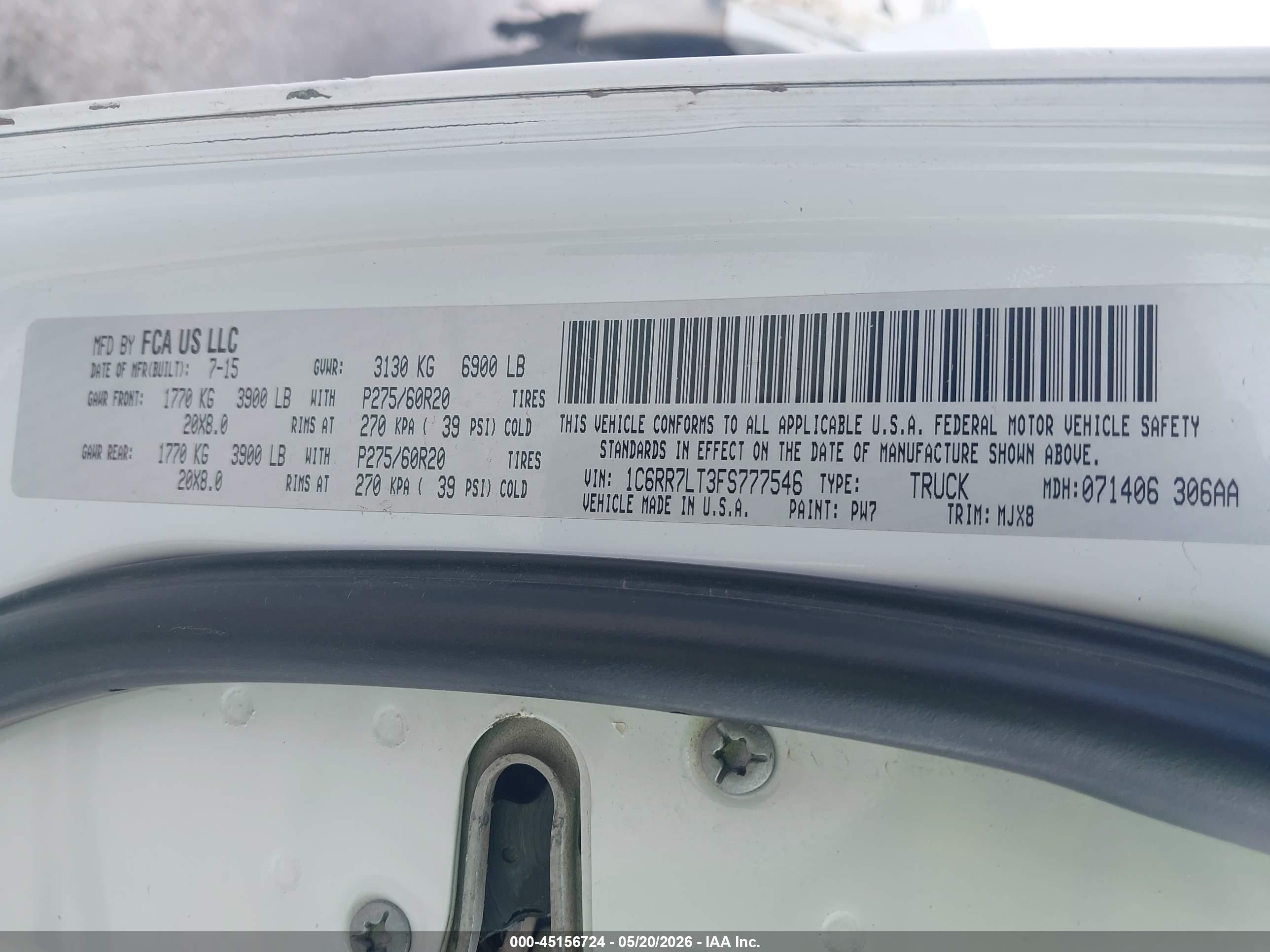 2015 Ram 1500   White vin: 1C6RR7LT3FS777546