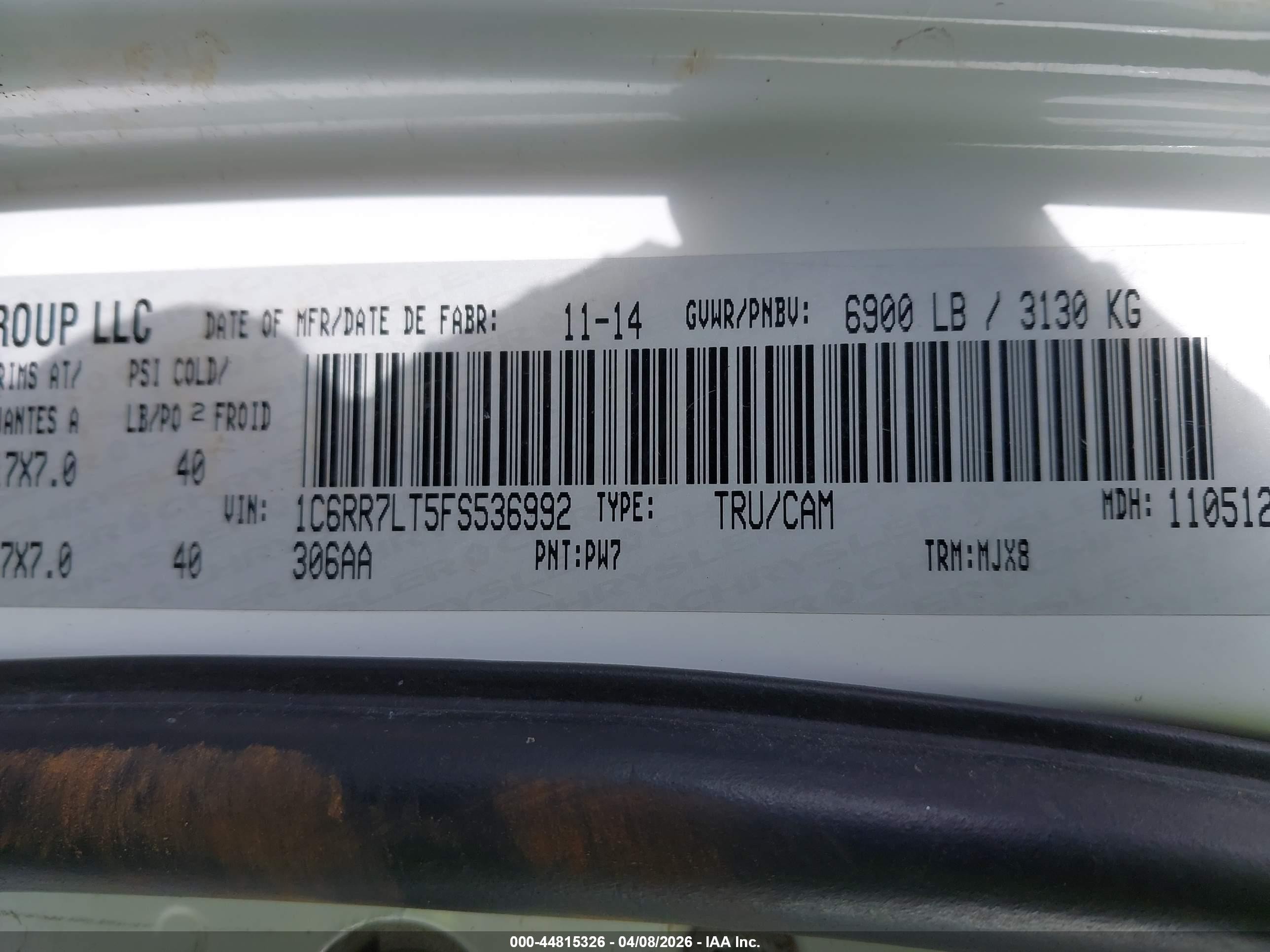 2015 Ram 1500 Slt White vin: 1C6RR7LT5FS536992
