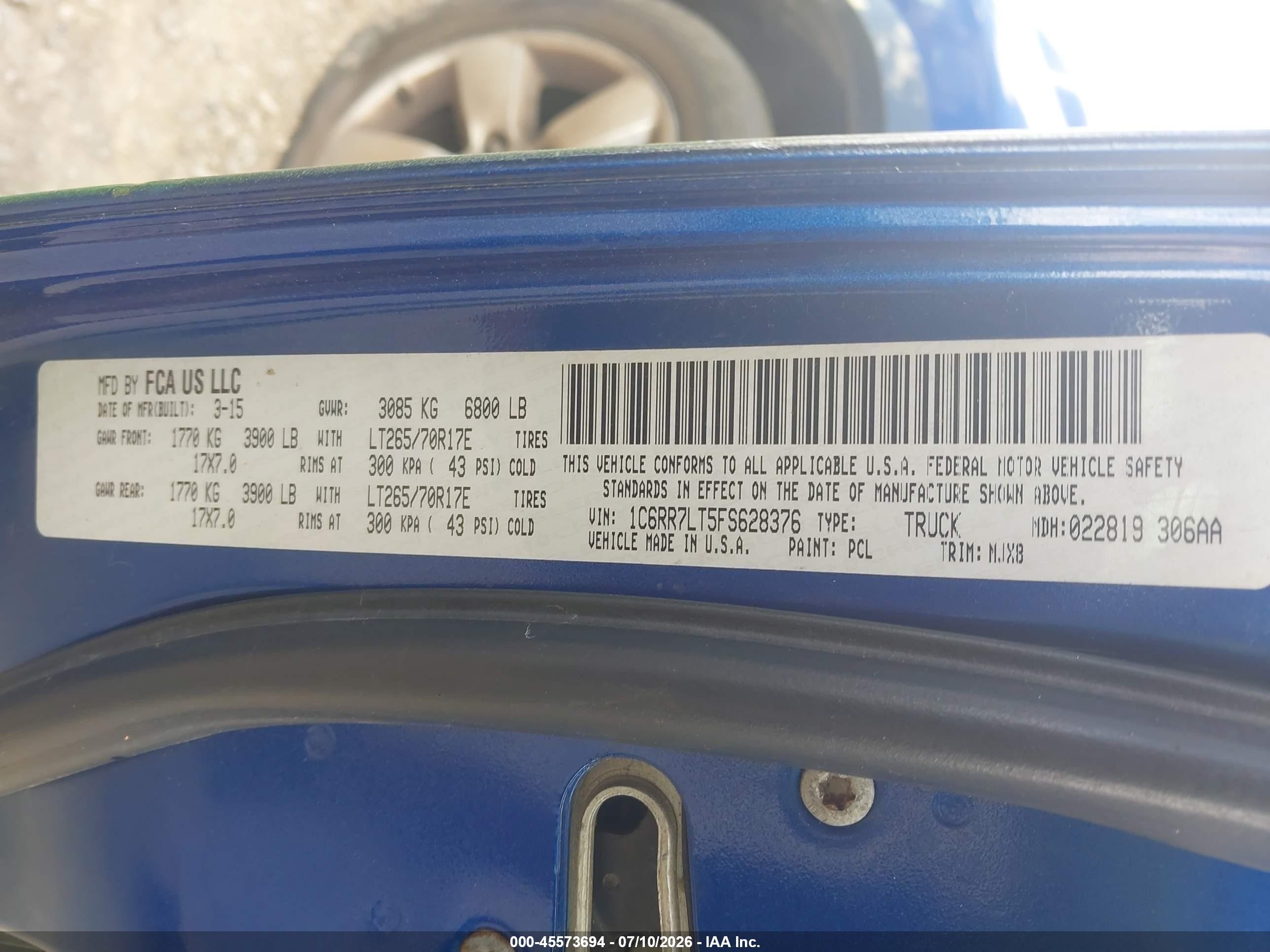 2015 Ram 1500 Outdoorsman Blue vin: 1C6RR7LT5FS628376