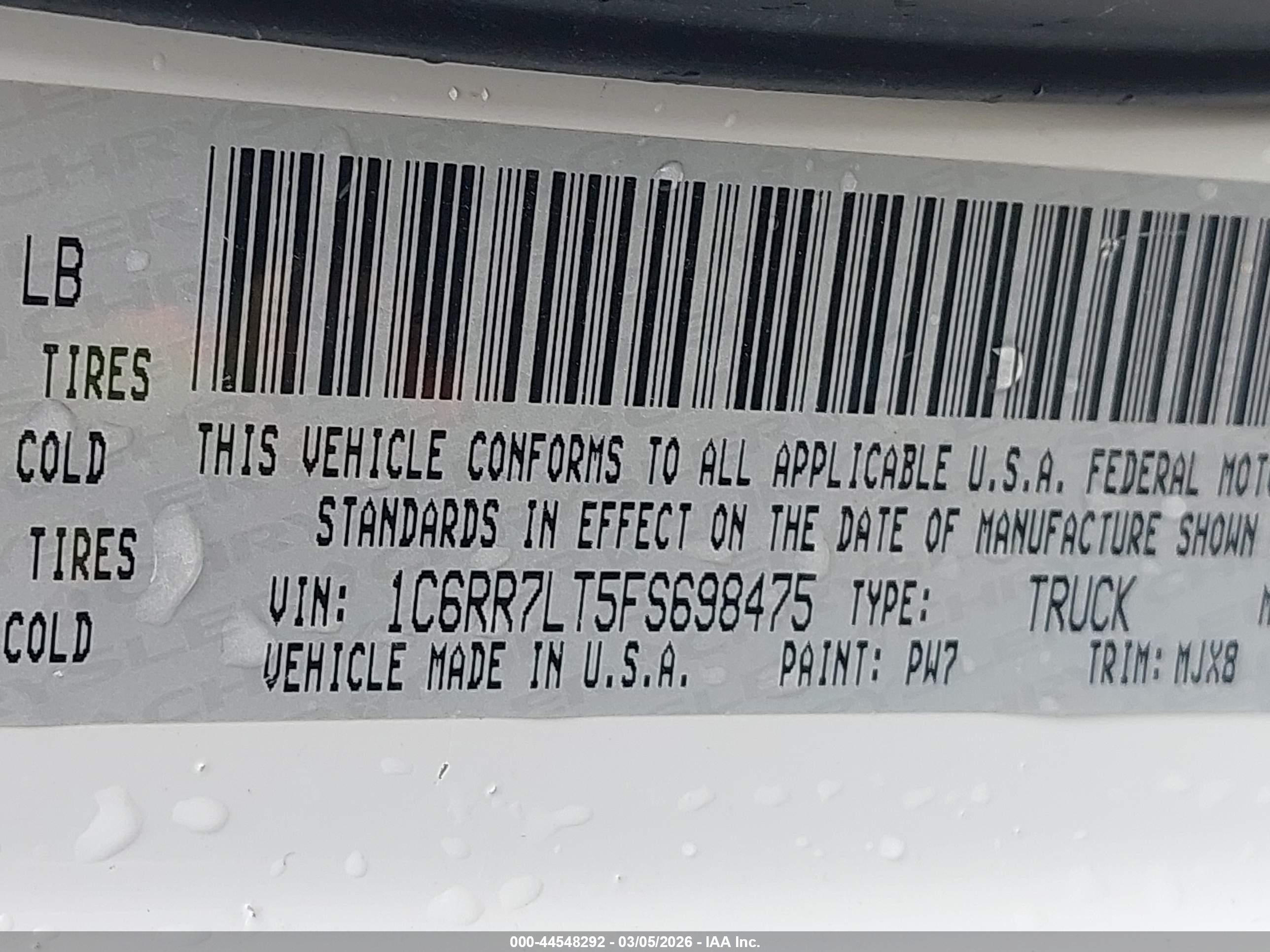 2015 Ram 1500 Lone Star White vin: 1C6RR7LT5FS698475