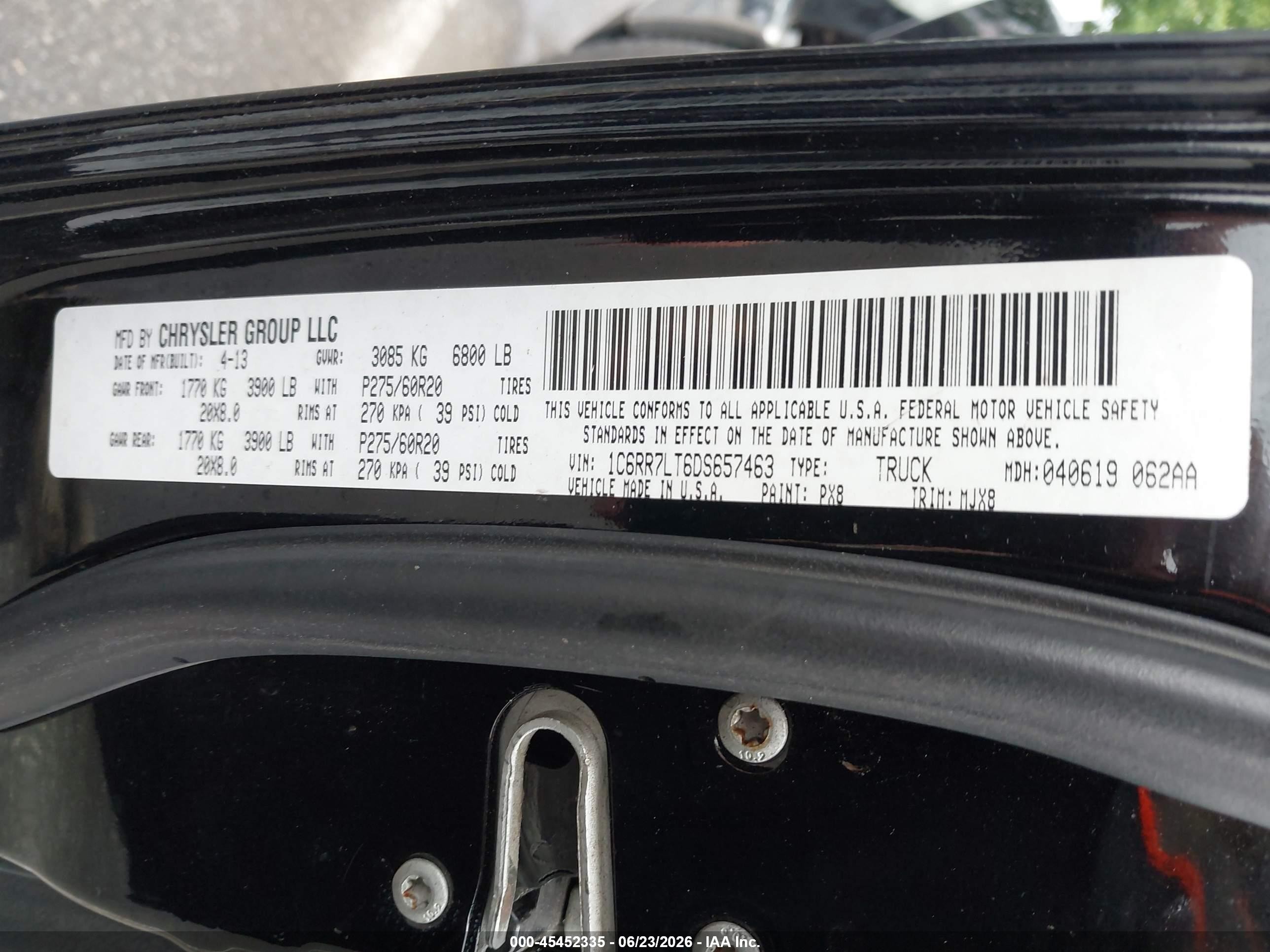 2013 Ram 1500 Big Horn Black vin: 1C6RR7LT6DS657463