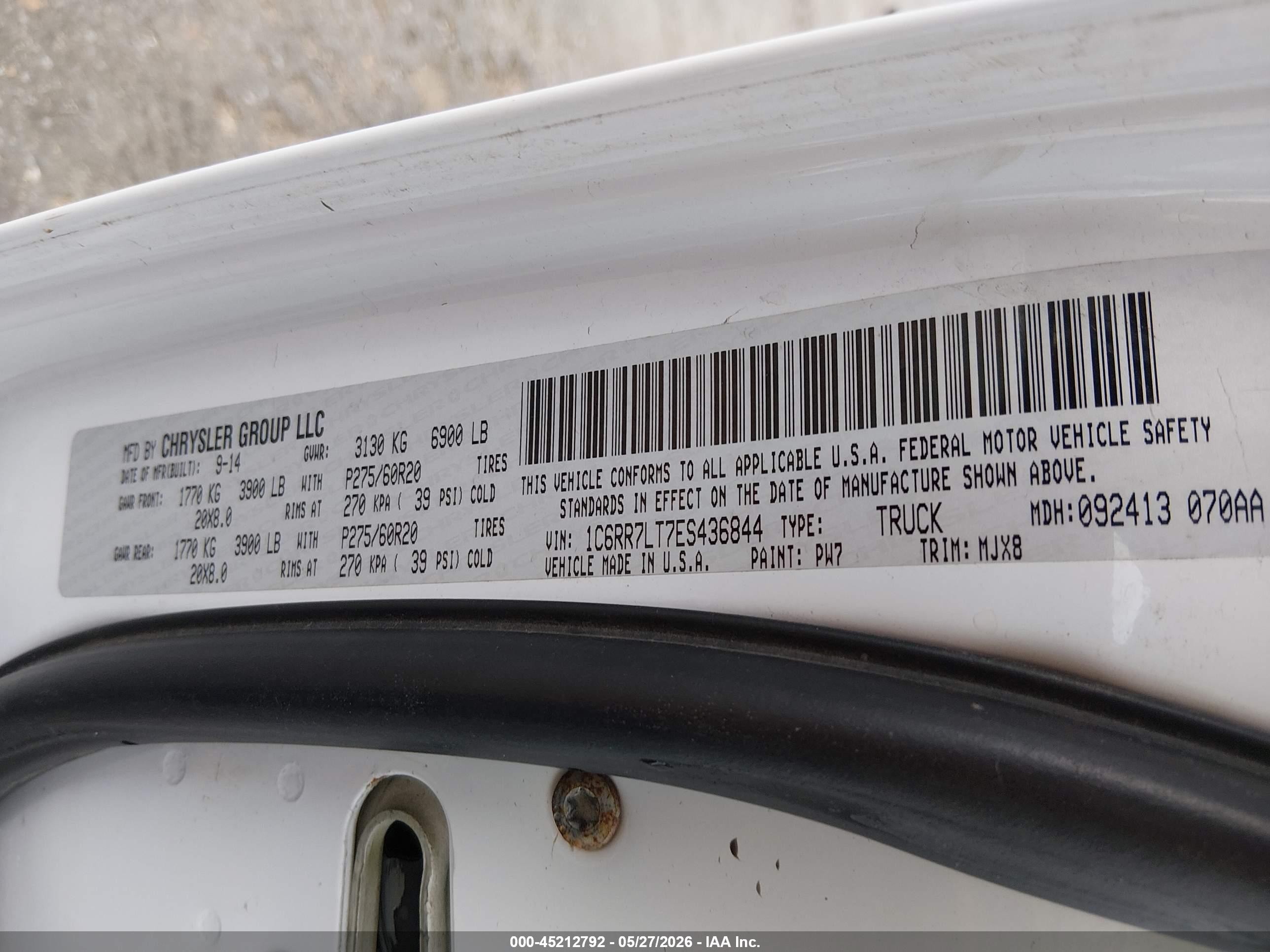 2014 Ram 1500 Big Horn White vin: 1C6RR7LT7ES436844