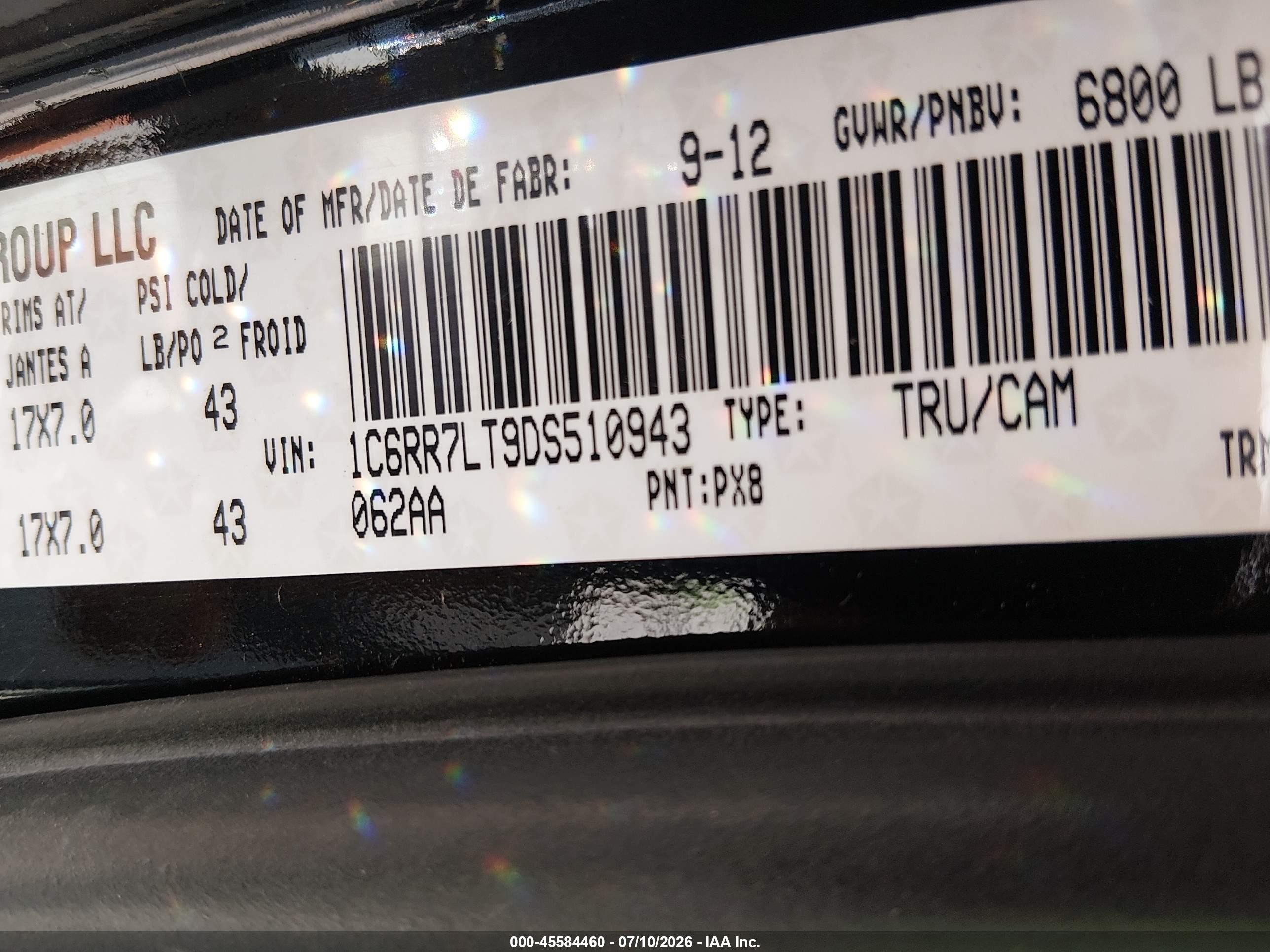 2013 Ram 1500 Outdoorsman Black vin: 1C6RR7LT9DS510943