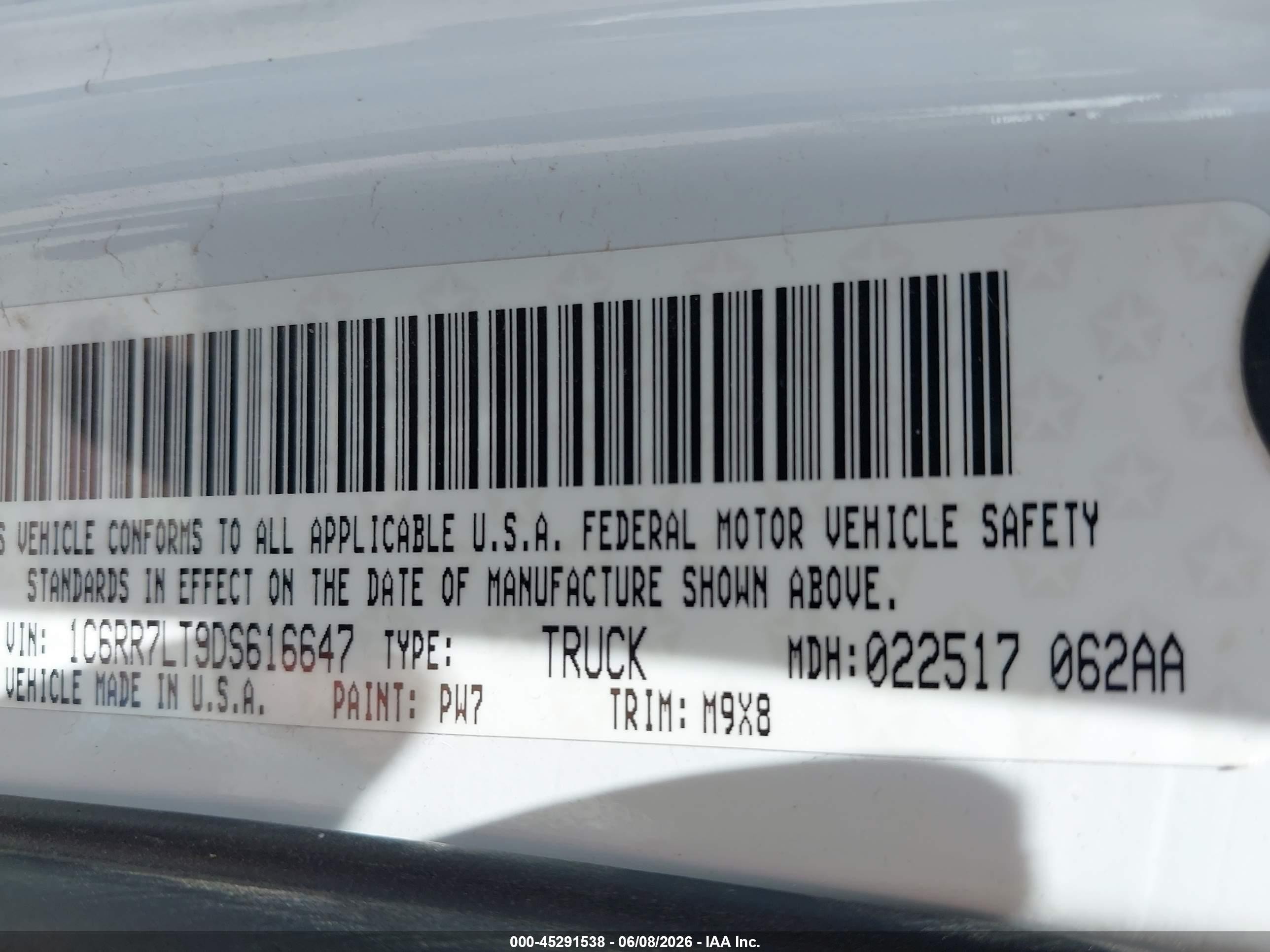 2013 Ram 1500 Big Horn White vin: 1C6RR7LT9DS616647