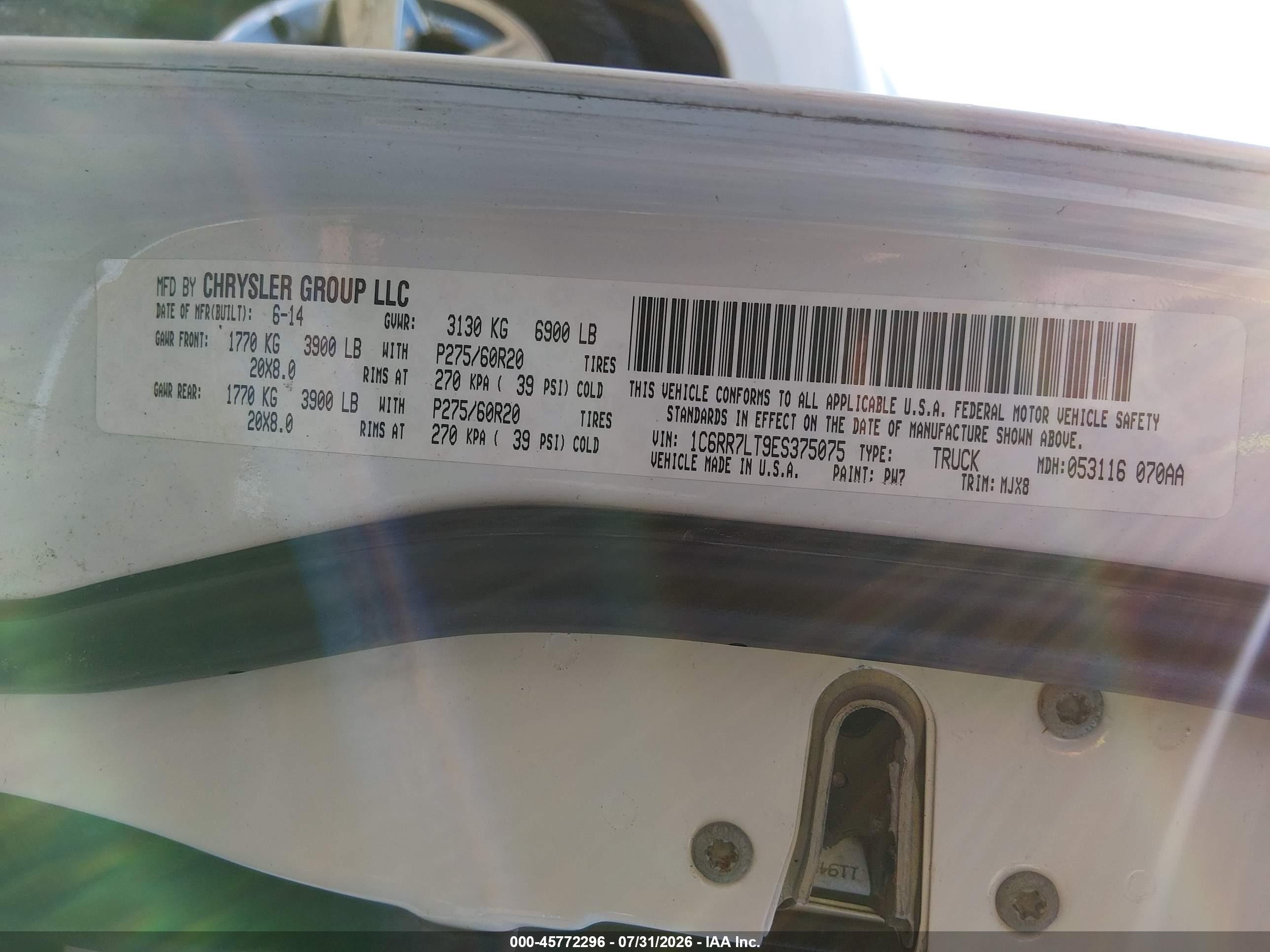 2014 Ram 1500 Big Horn White vin: 1C6RR7LT9ES375075
