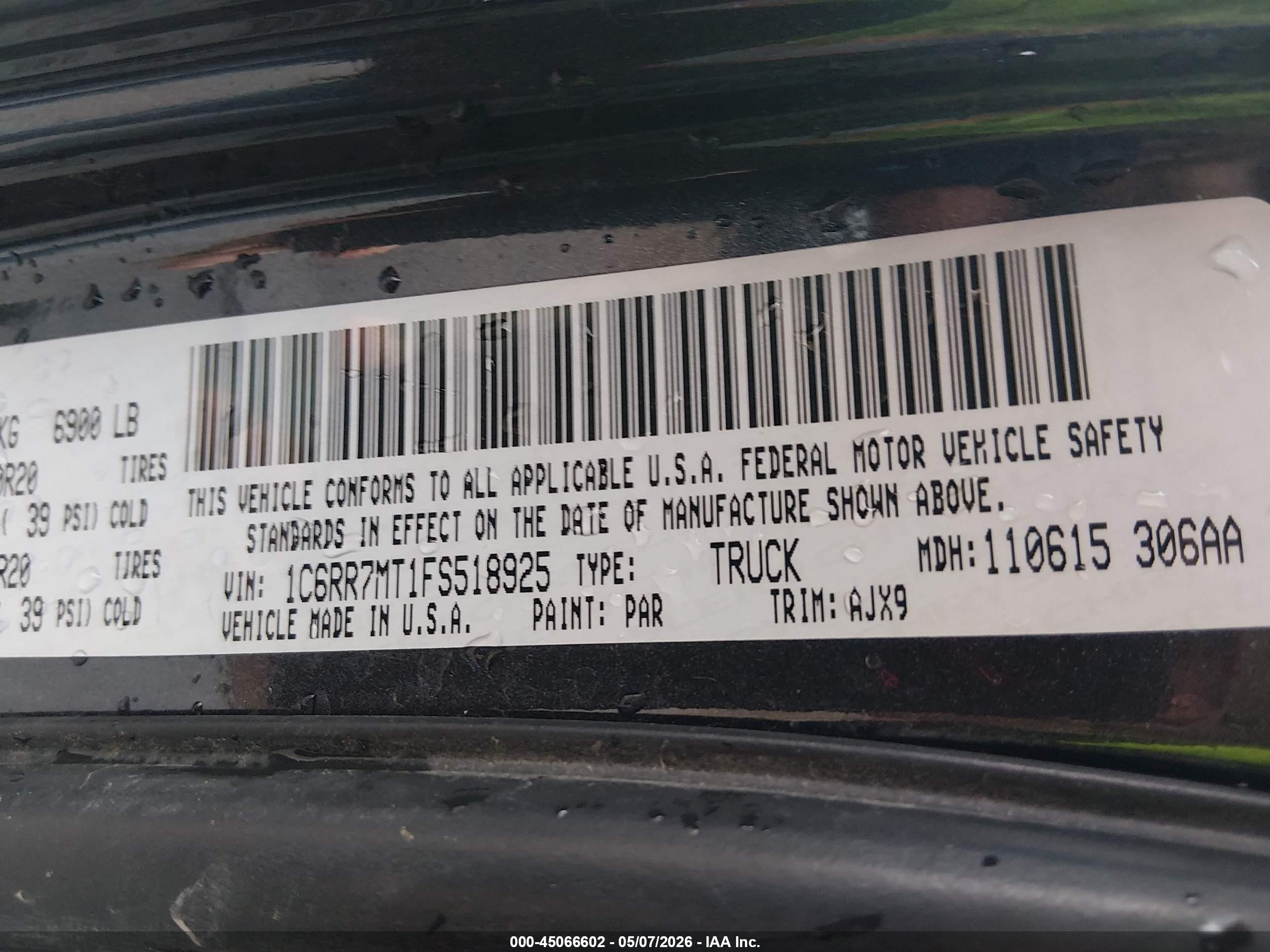 2015 Ram 1500 Sport Серый vin: 1C6RR7MT1FS518925