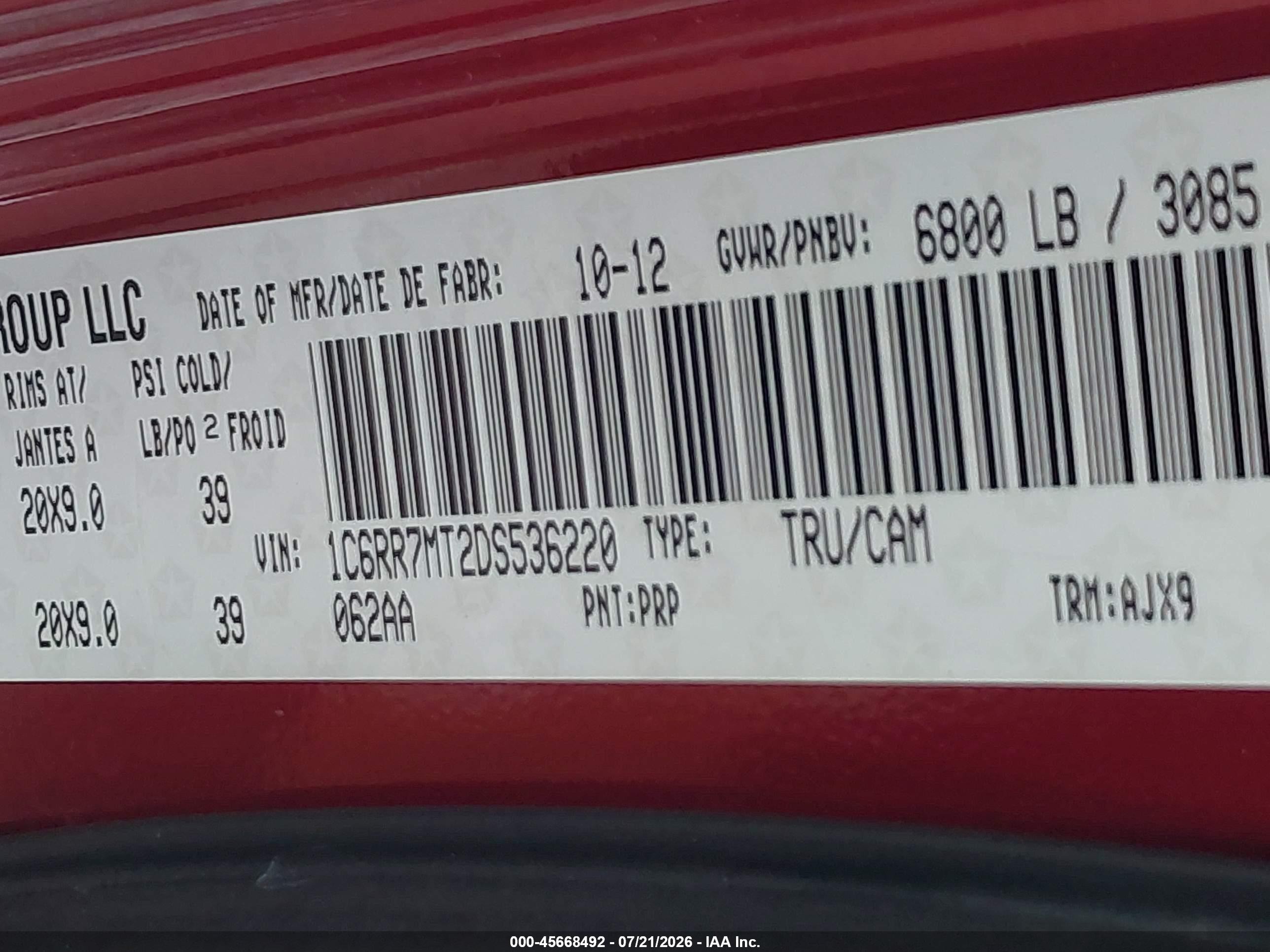 2013 Ram 1500 Sport Red vin: 1C6RR7MT2DS536220