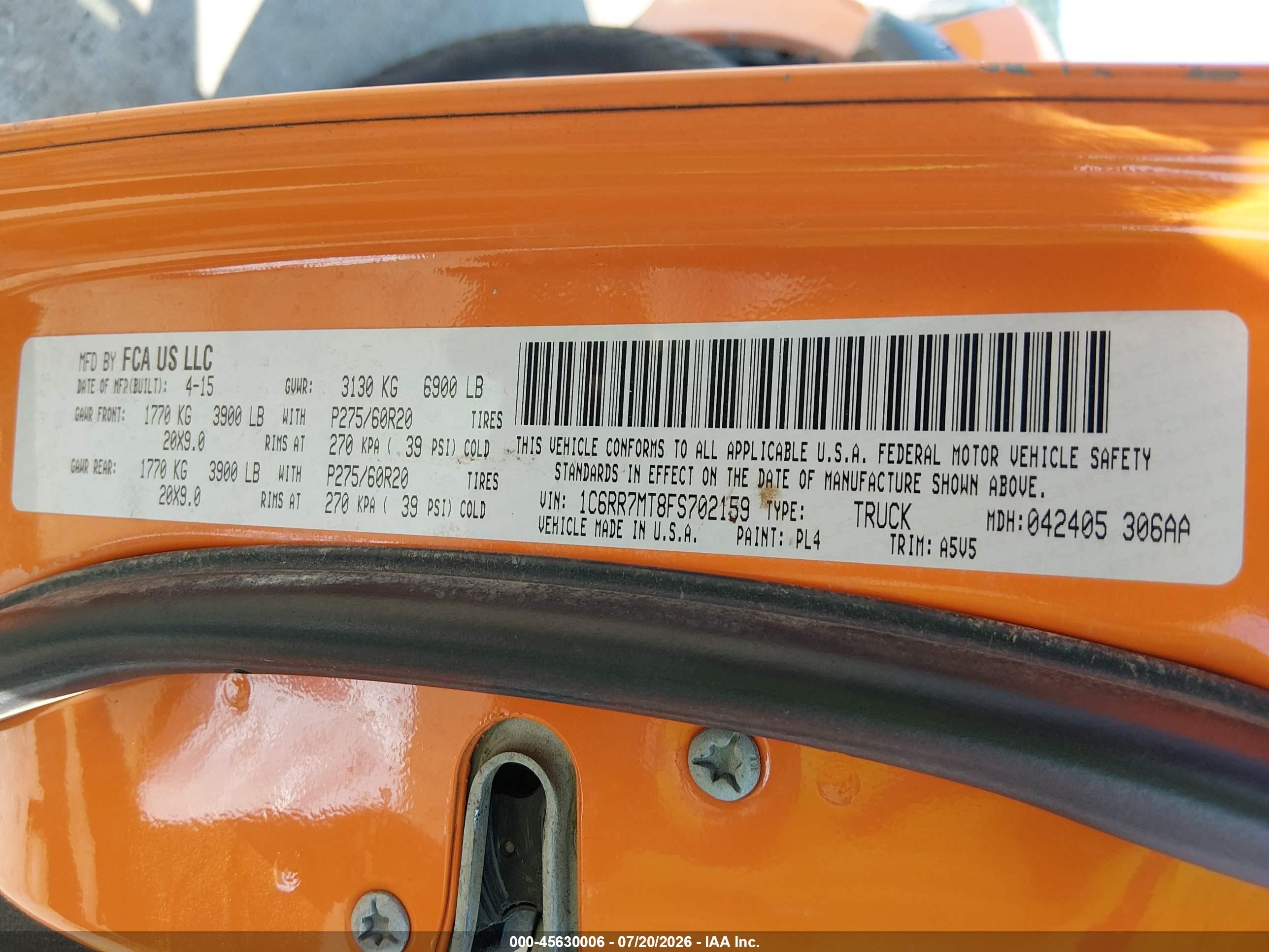 2015 Ram 1500 Sport Orange vin: 1C6RR7MT8FS702159