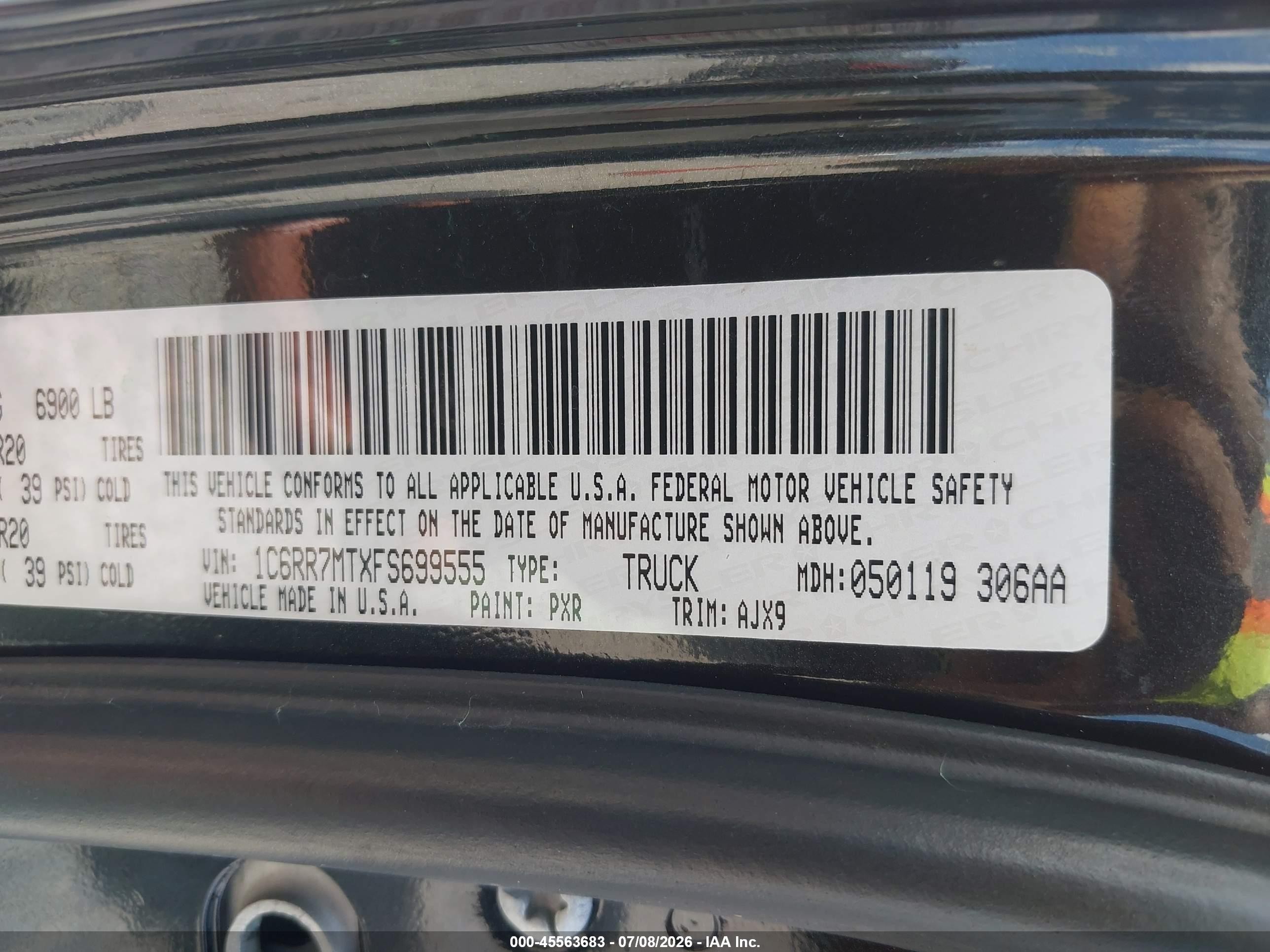2015 Ram 1500 Sport Черный vin: 1C6RR7MTXFS699555