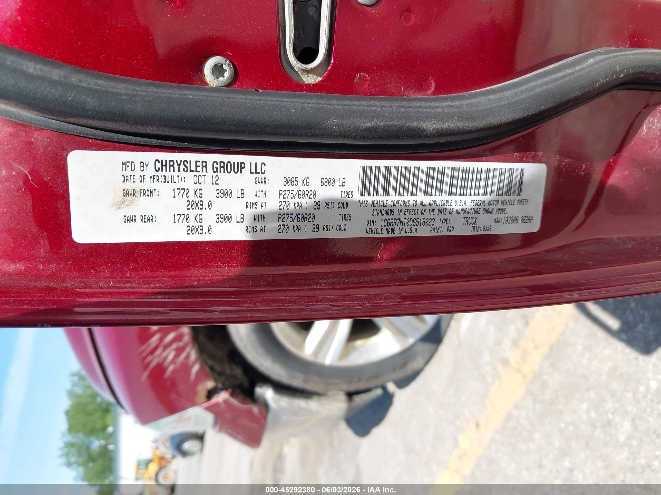 2013 Ram 1500 Laramie Красный vin: 1C6RR7NT0DS518023