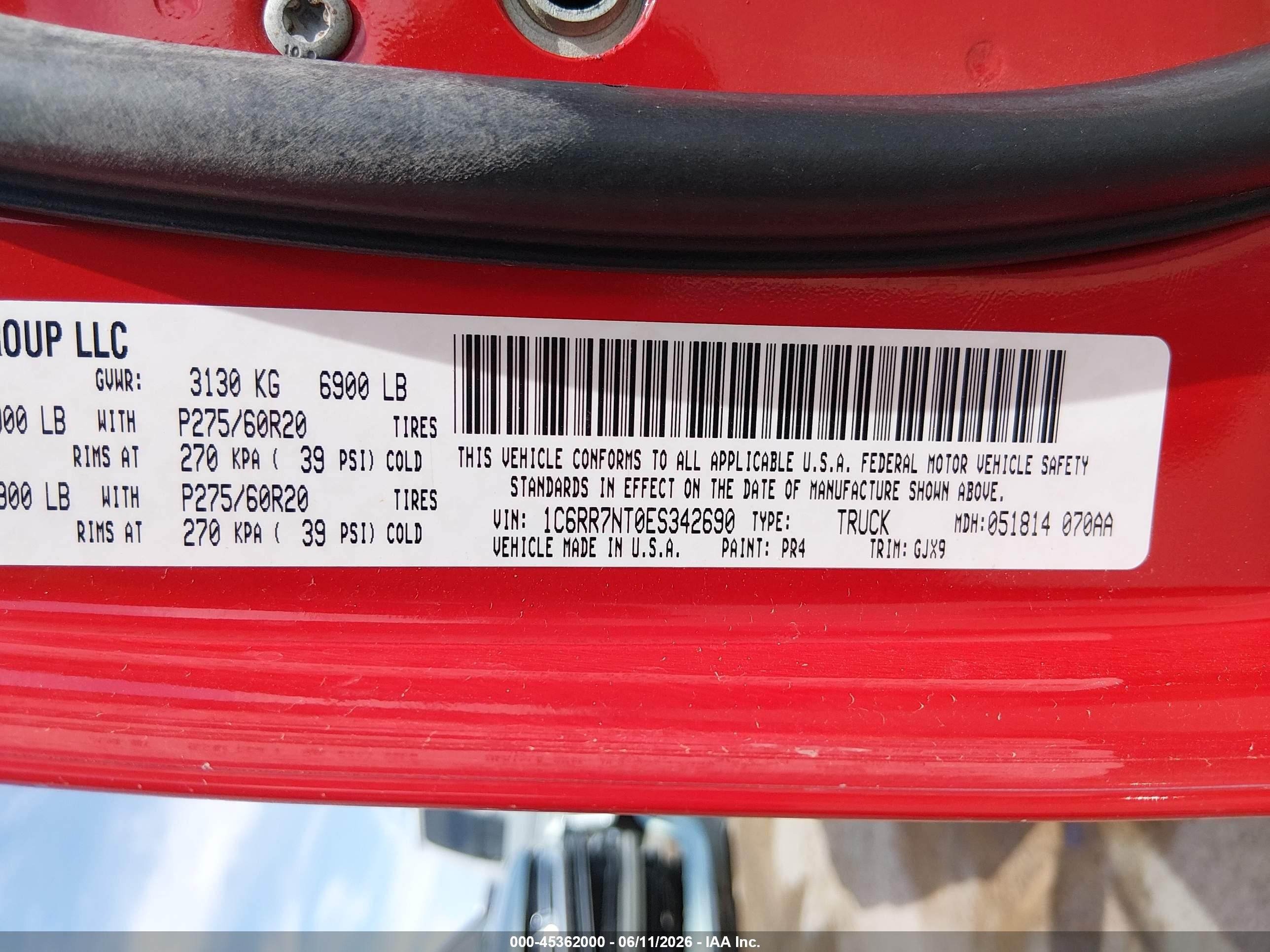 2014 Ram 1500 Laramie Red vin: 1C6RR7NT0ES342690