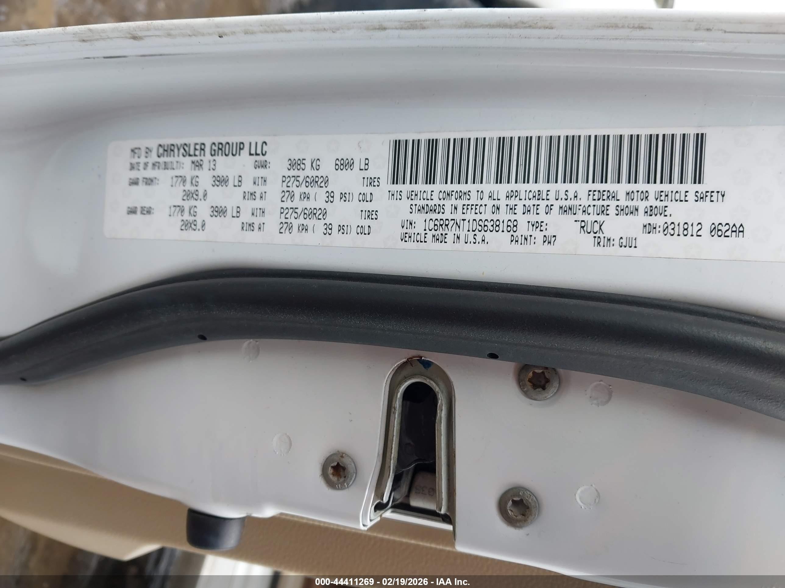 2013 Ram 1500 Laramie Белый vin: 1C6RR7NT1DS638168