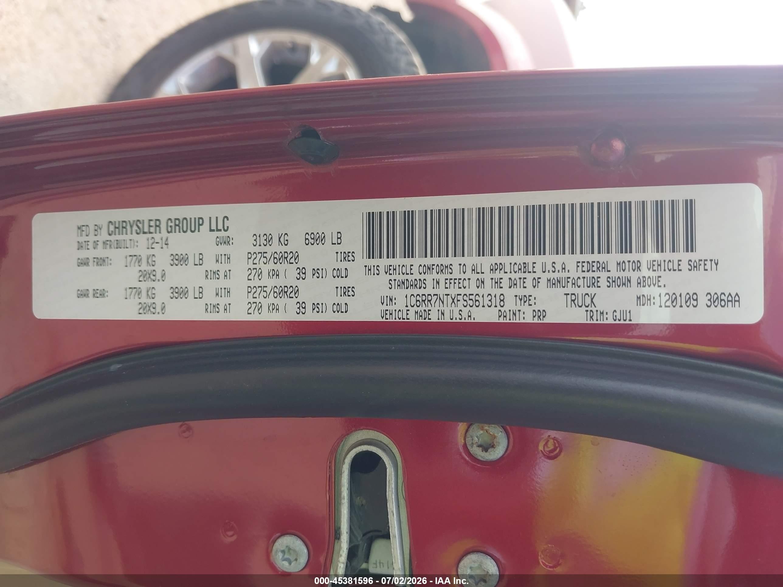 2015 Ram 1500 Laramie Бордовый vin: 1C6RR7NTXFS561318