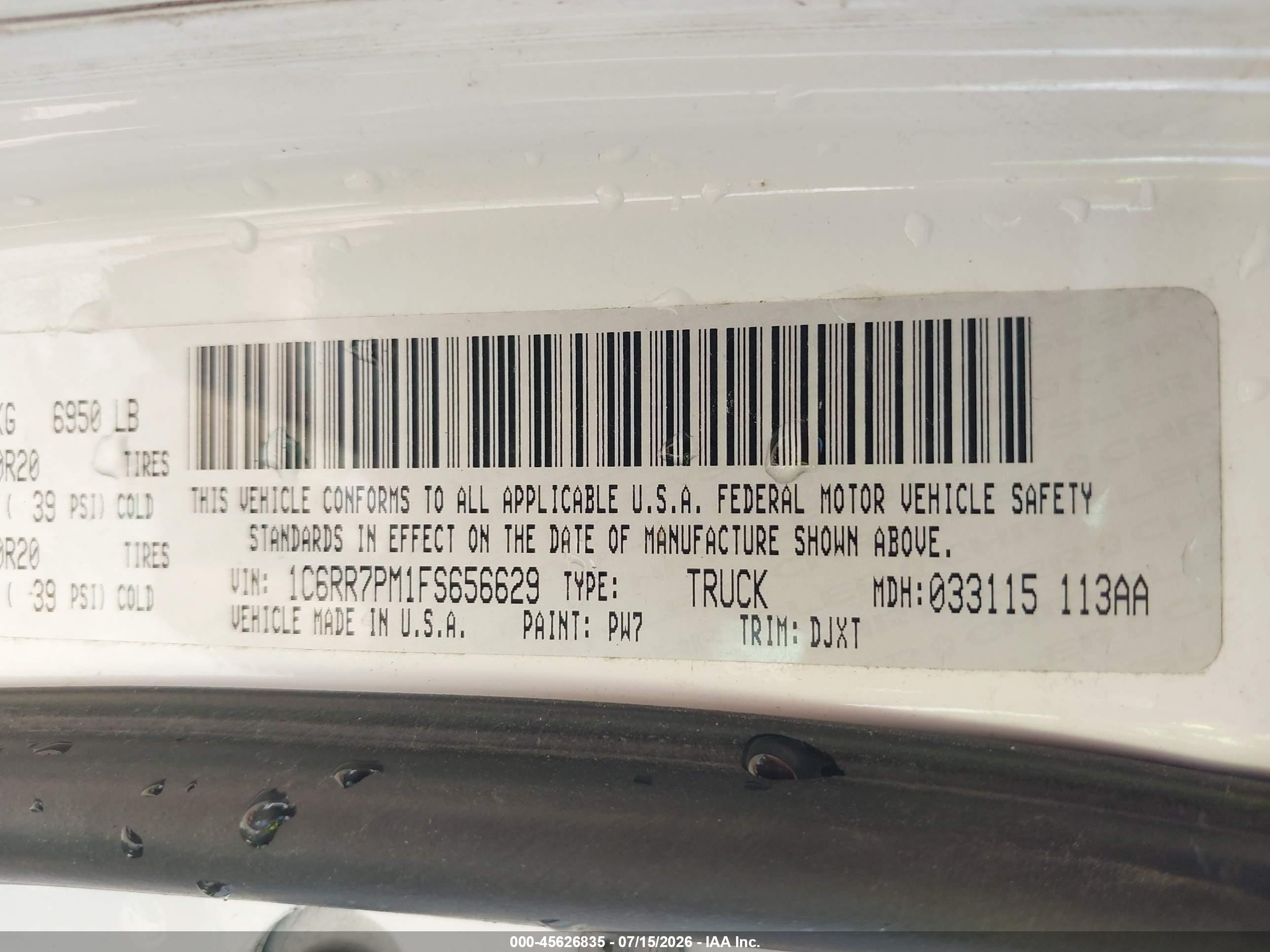 2015 Ram 1500 Laramie Longhorn White vin: 1C6RR7PM1FS656629
