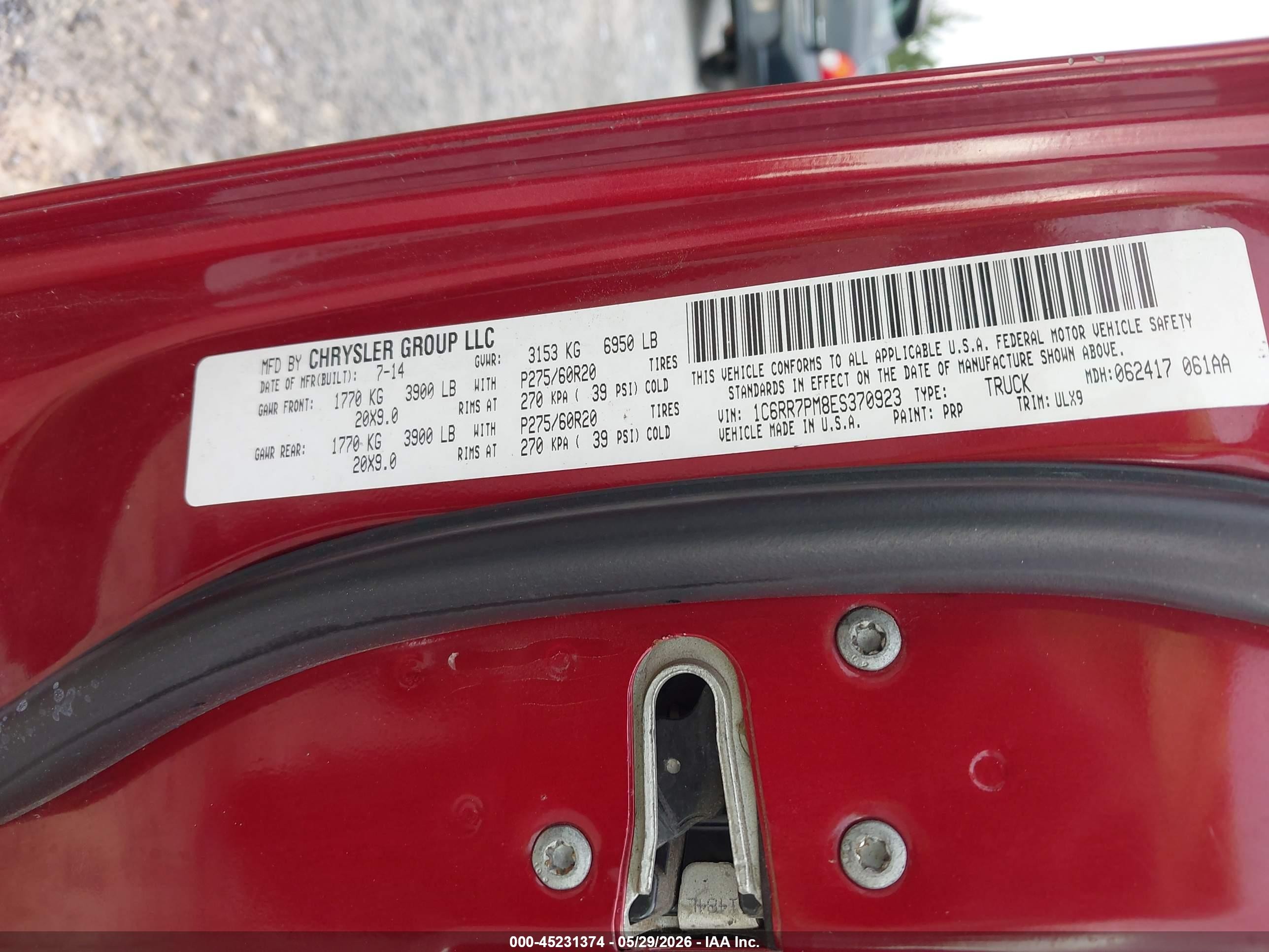 2014 Ram 1500 Longhorn Limited Red vin: 1C6RR7PM8ES370923