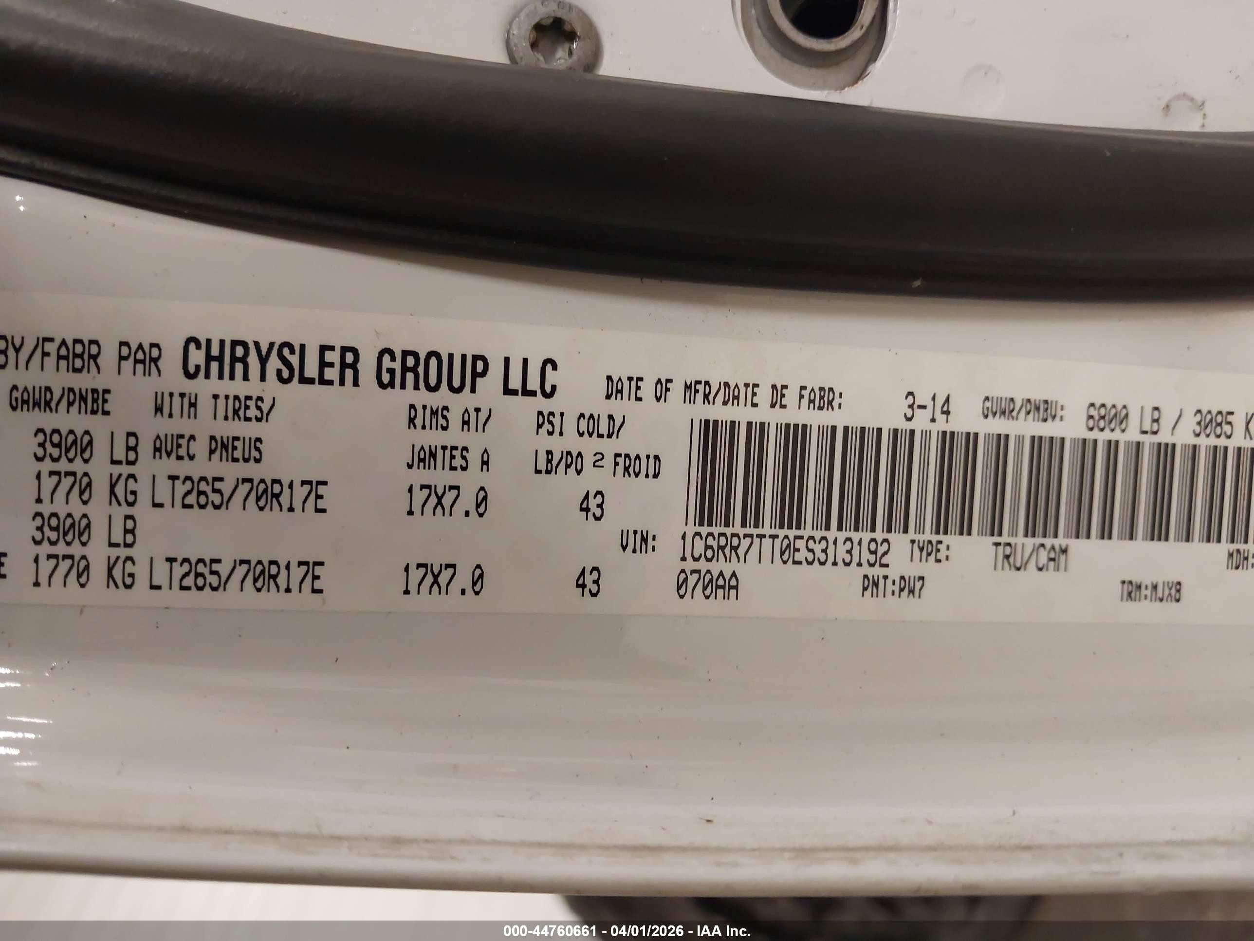 2014 Ram 1500 Slt White vin: 1C6RR7TT0ES313192