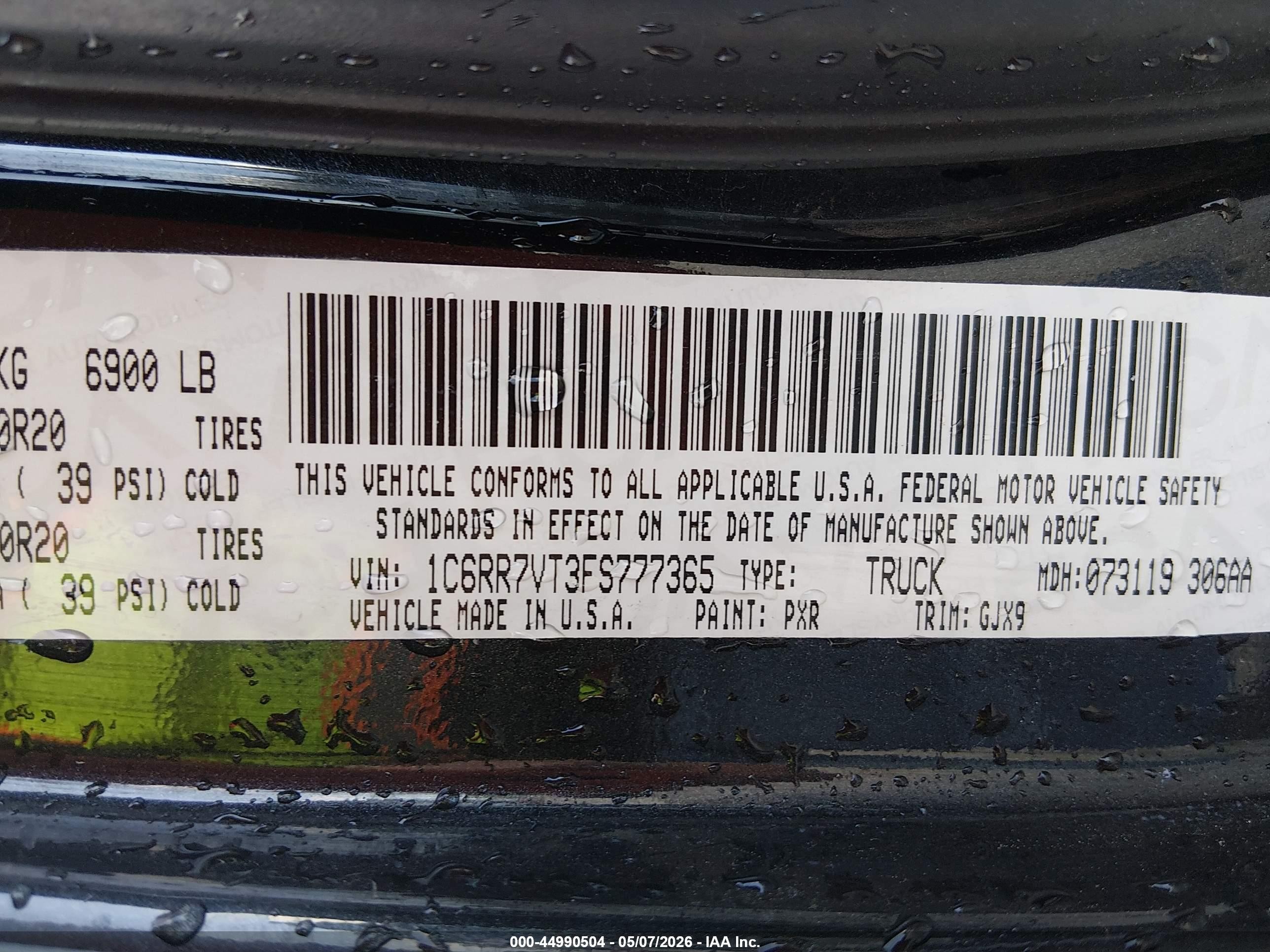 2015 Ram 1500 Laramie Black vin: 1C6RR7VT3FS777365
