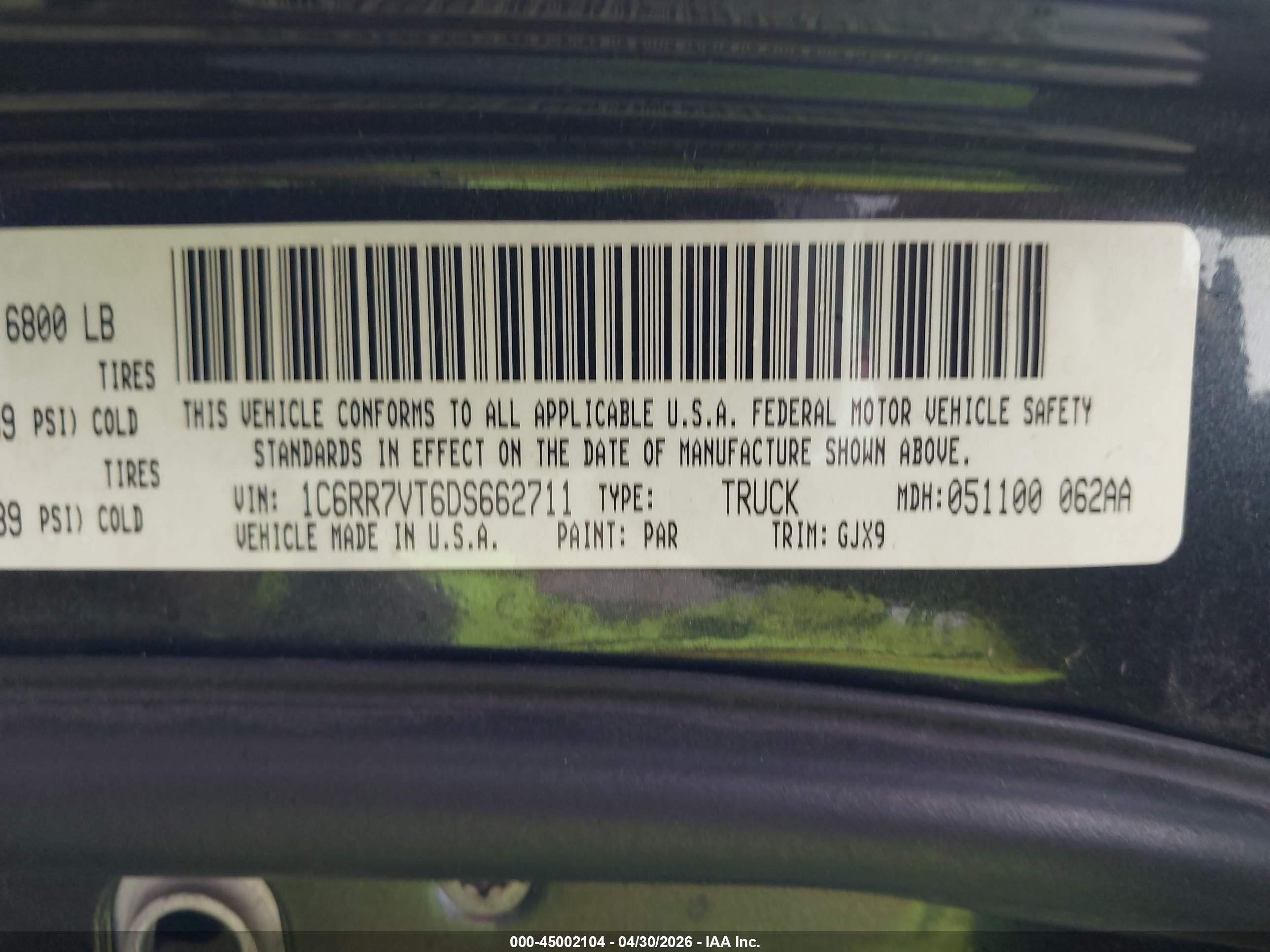 2013 Ram 1500 Laramie Black vin: 1C6RR7VT6DS662711