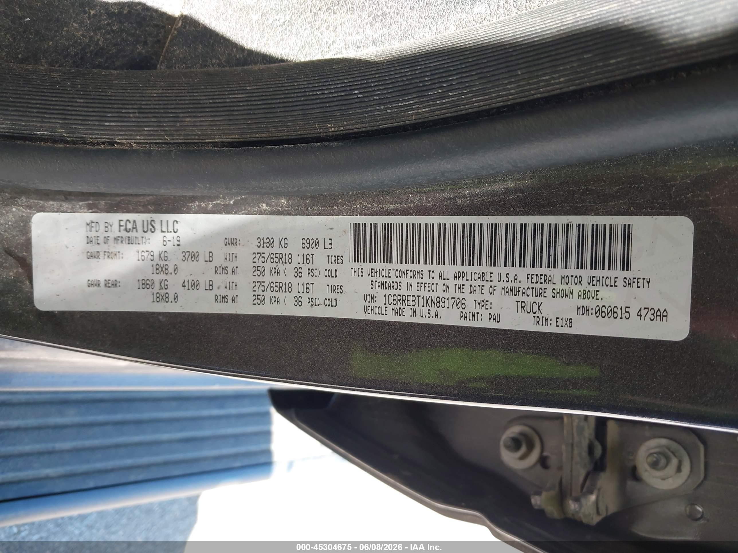 2019 Ram 1500 Big Horn/lone Star  4x2 6'4 Box Gray vin: 1C6RREBT1KN891706
