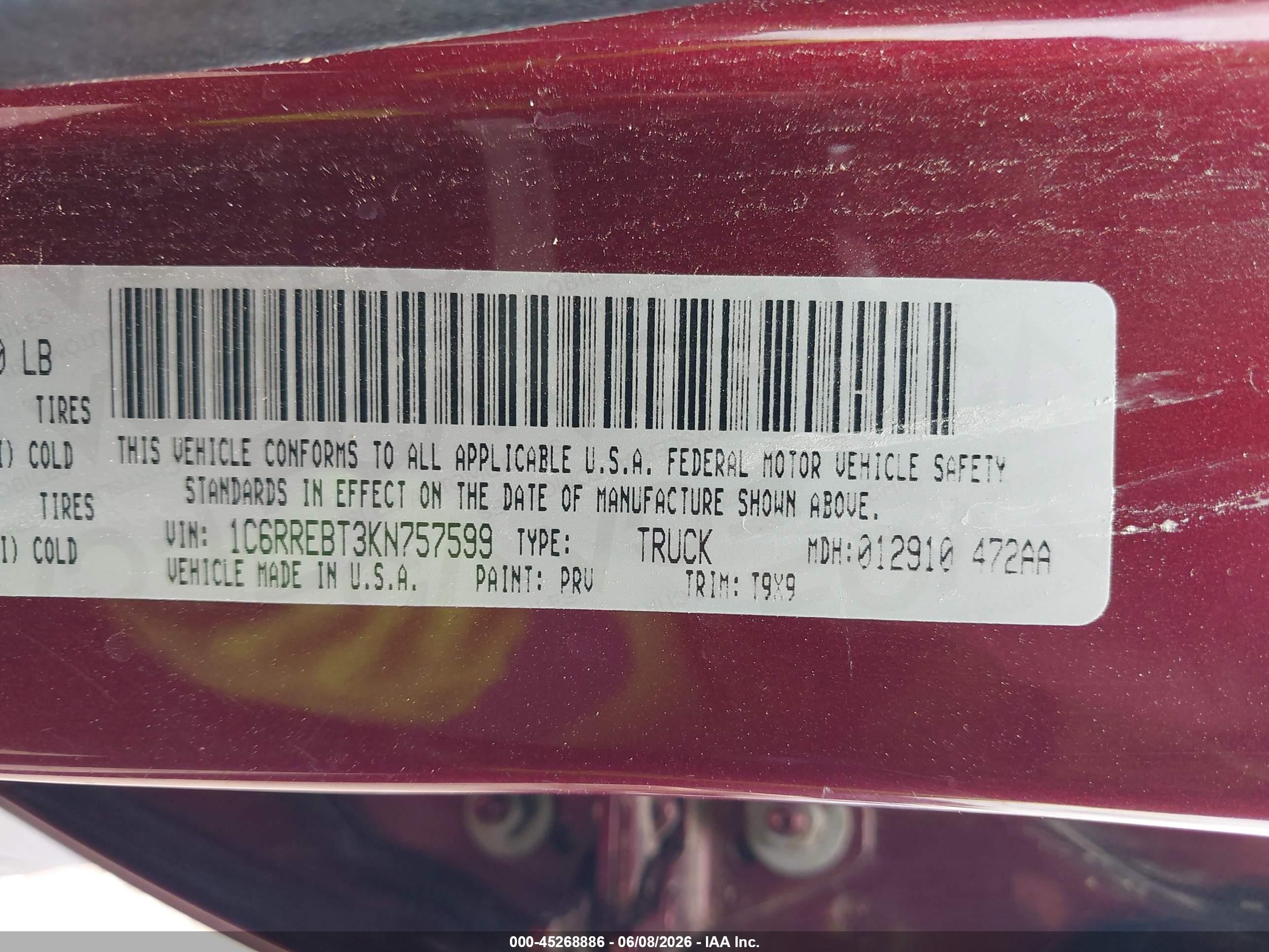 2019 Ram 1500 Big Horn/lone Star  4x2 6'4 Box Red vin: 1C6RREBT3KN757599