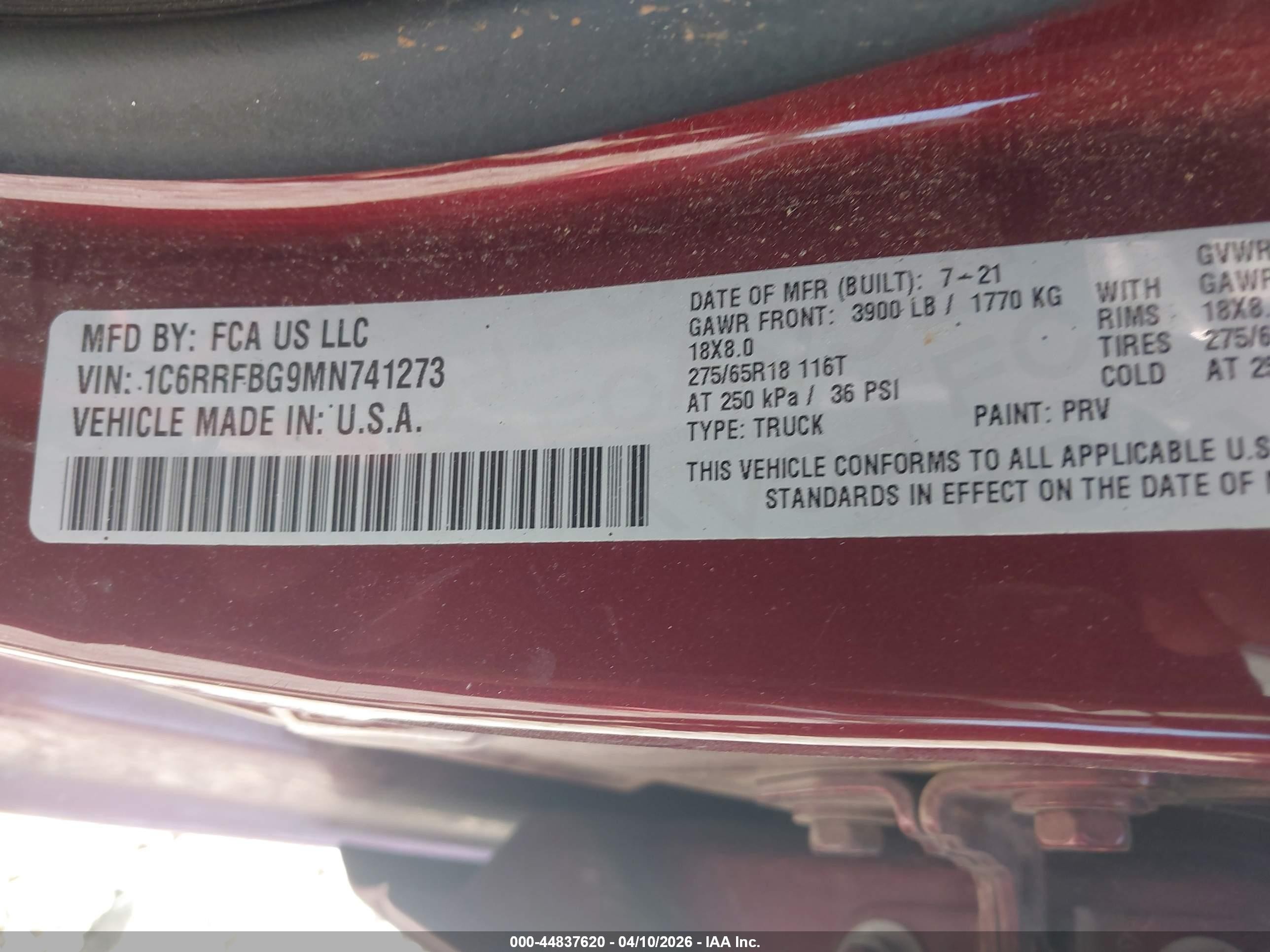 2021 Ram 1500 Big Horn  4x4 6'4 Box Red vin: 1C6RRFBG9MN741273