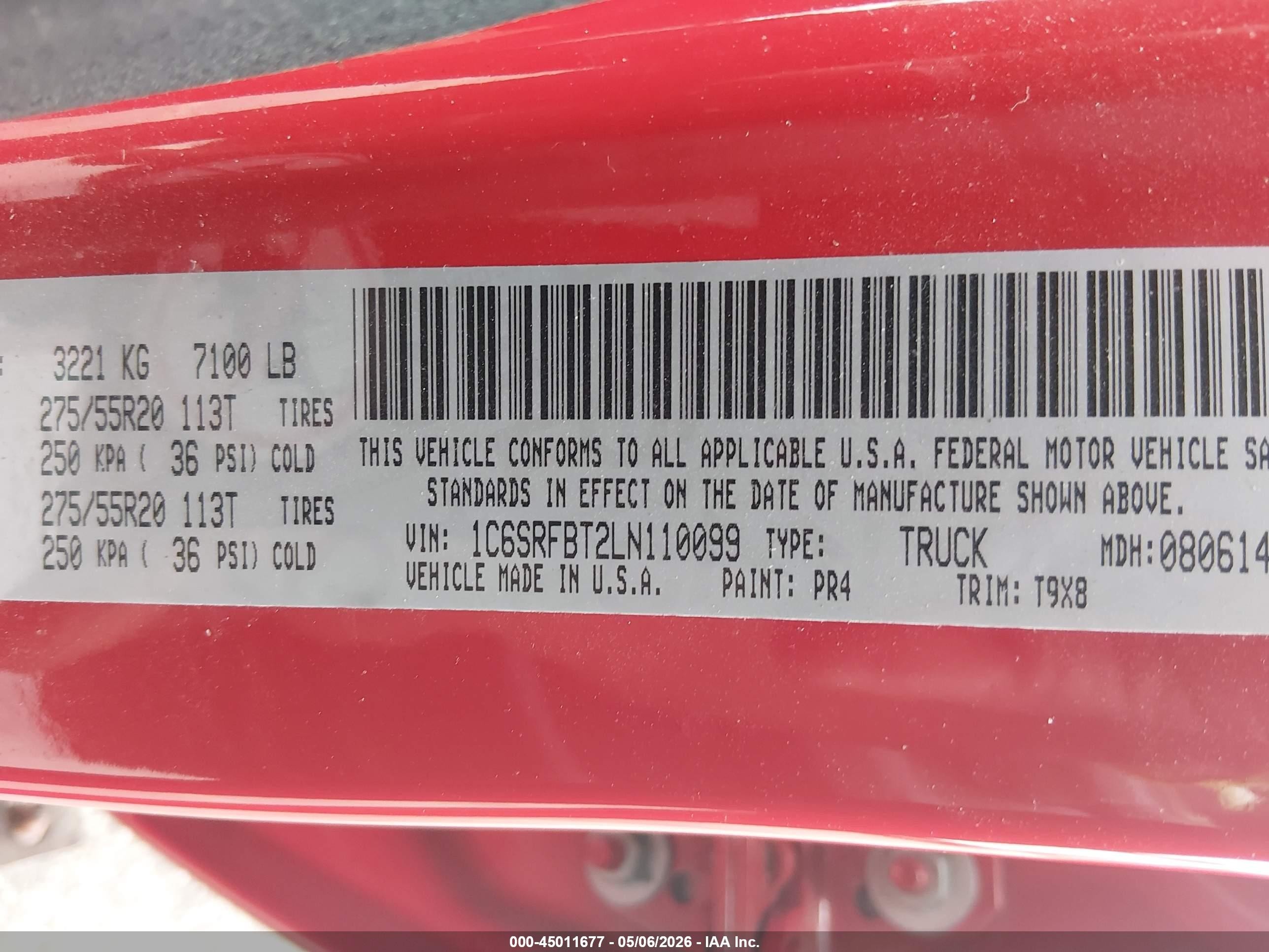 2020 Ram 1500 Big Horn  4x4 6'4 Box Red vin: 1C6SRFBT2LN110099