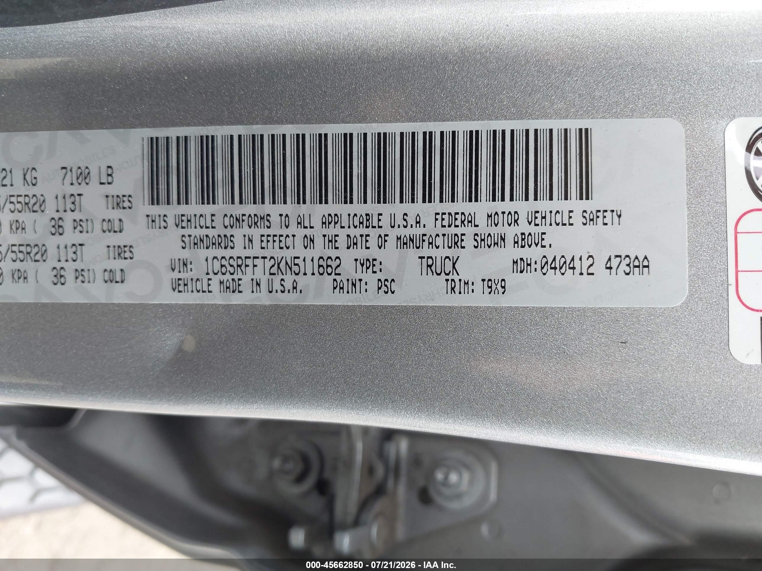 2019 Ram 1500 Big Horn/lone Star  4x4 5'7 Box Silver vin: 1C6SRFFT2KN511662