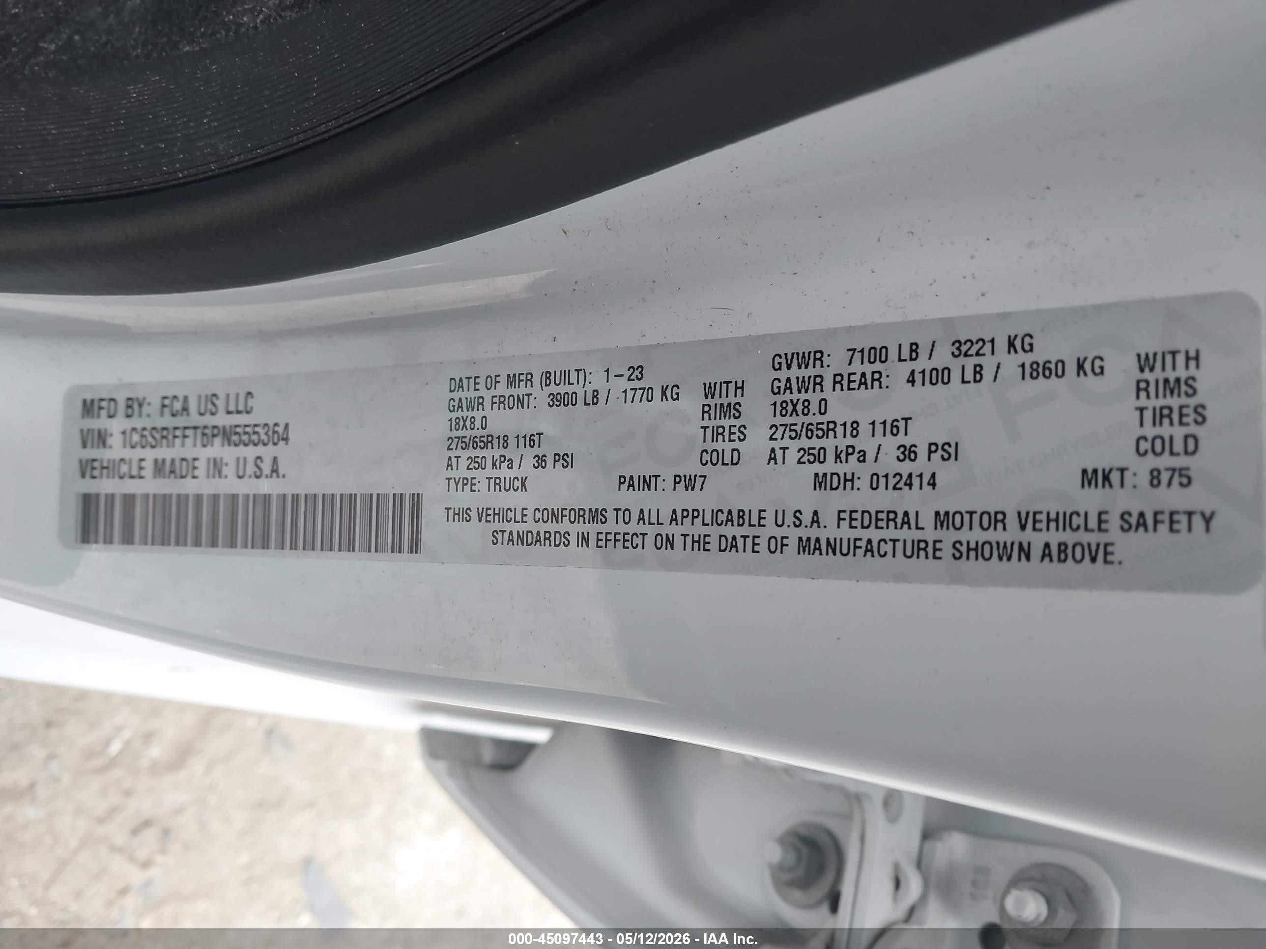 2023 Ram 1500 Big Horn  4x4 5'7 Box White vin: 1C6SRFFT6PN555364