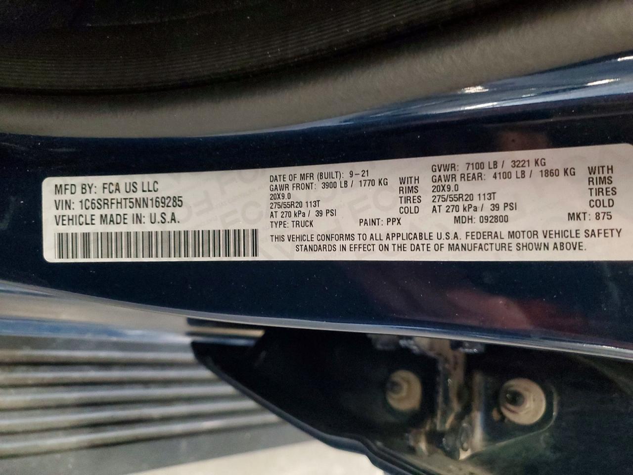2022 Ram 1500 Limited Blue vin: 1C6SRFHT5NN169285