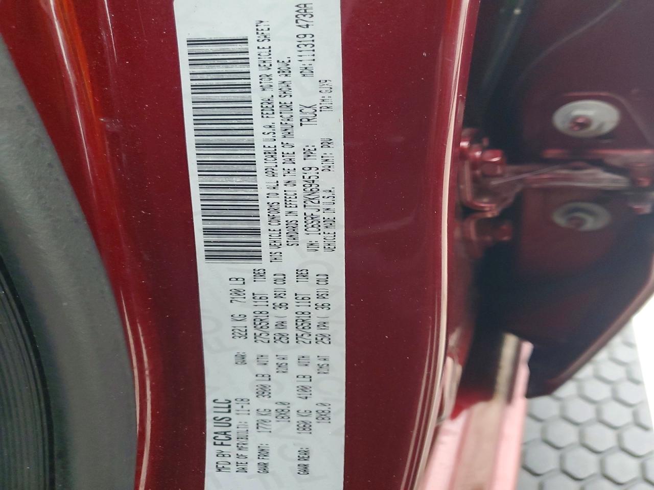 2019 Ram 1500 Laramie Burgundy vin: 1C6SRFJT2KN694519