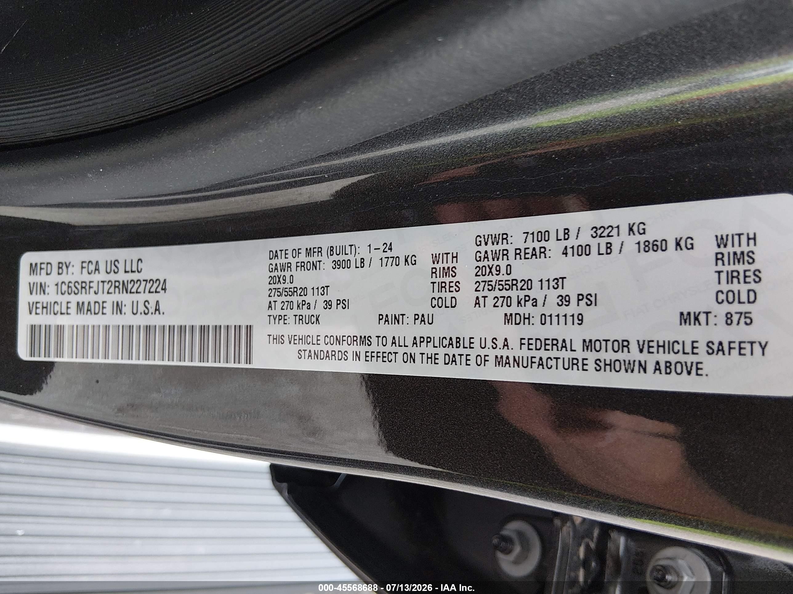 2024 Ram 1500 Laramie  4x4 5'7 Box Черный vin: 1C6SRFJT2RN227224