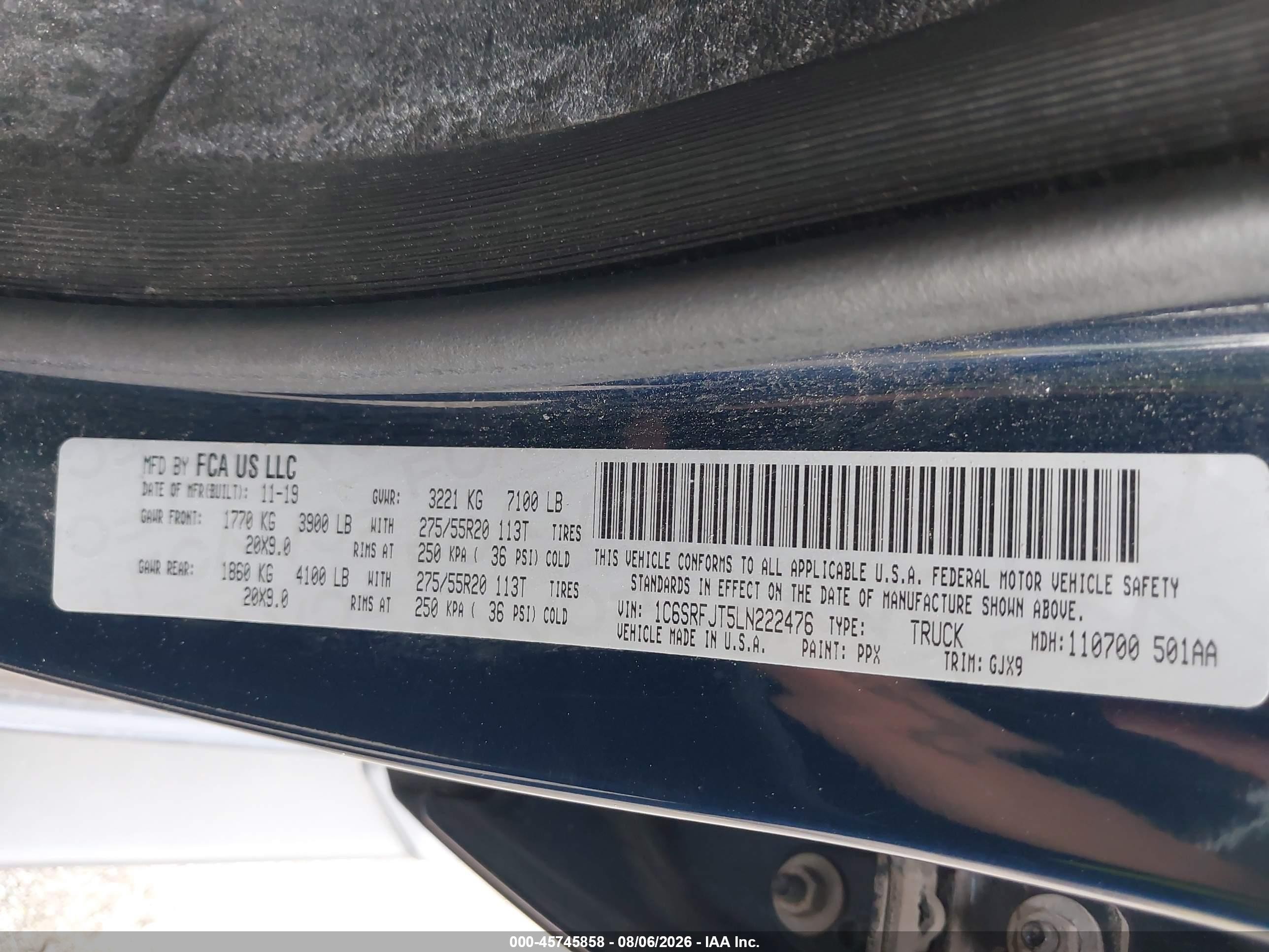 2020 Ram 1500 Laramie  4x4 5'7 Box Dark Blue vin: 1C6SRFJT5LN222476