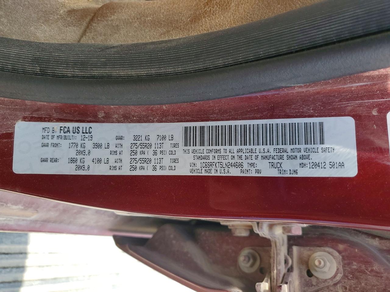 2020 Ram 1500 Longhorn Burgundy vin: 1C6SRFKT5LN244606