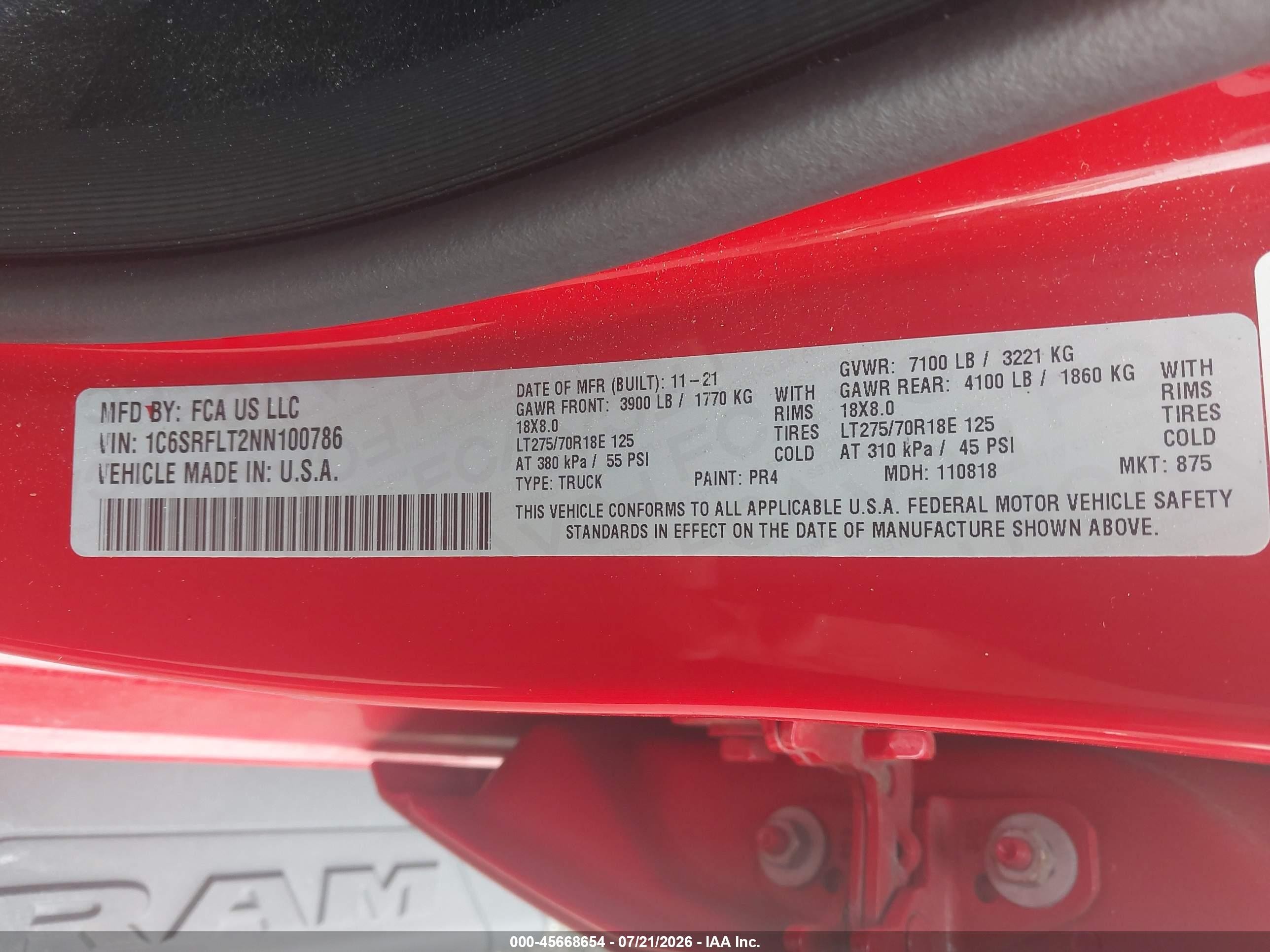 2022 Ram 1500 Rebel  4x4 5'7 Box Red vin: 1C6SRFLT2NN100786