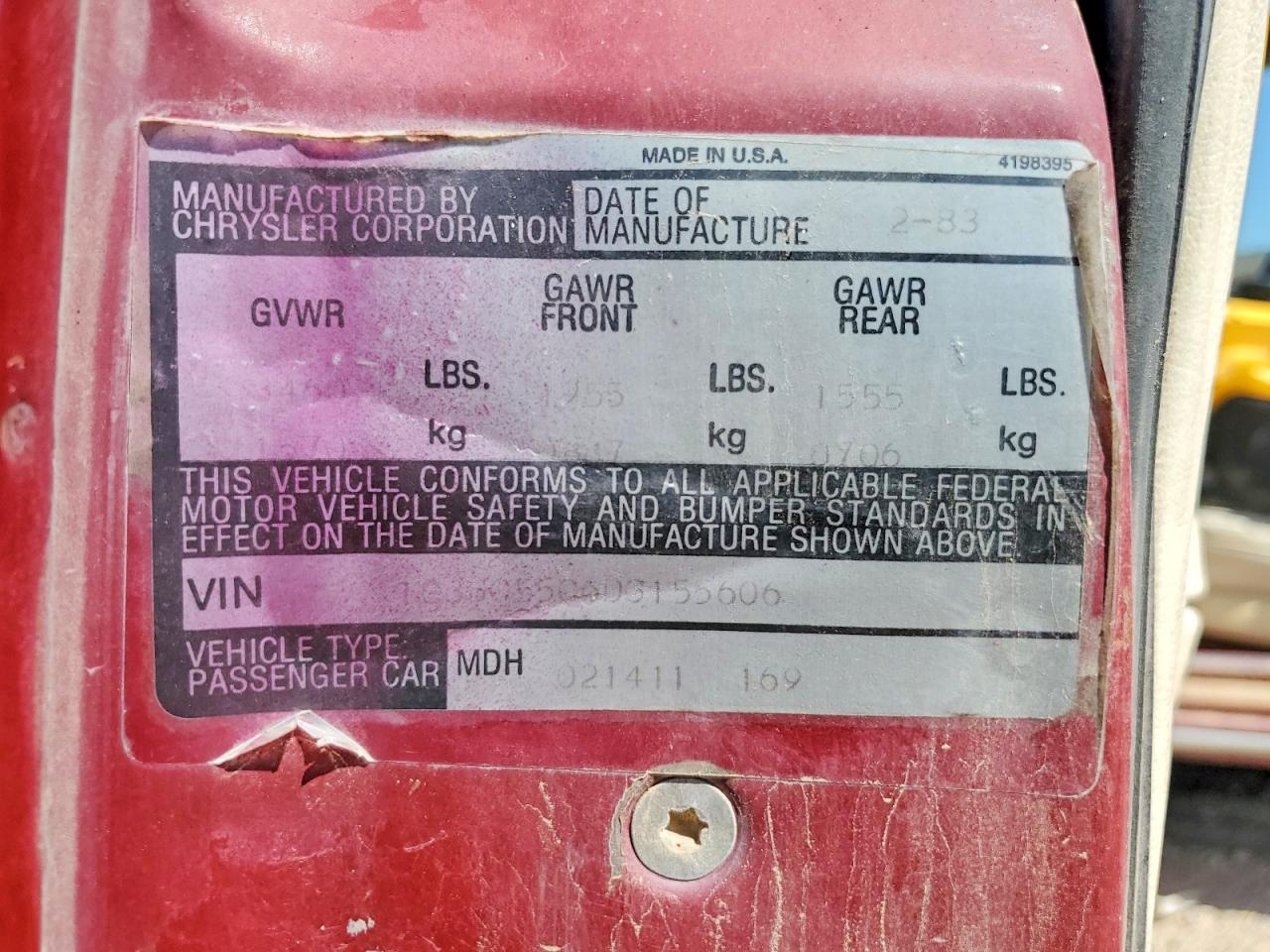 1983 Chrysler Lebaron Red vin: 1CSBC55C6DG155606