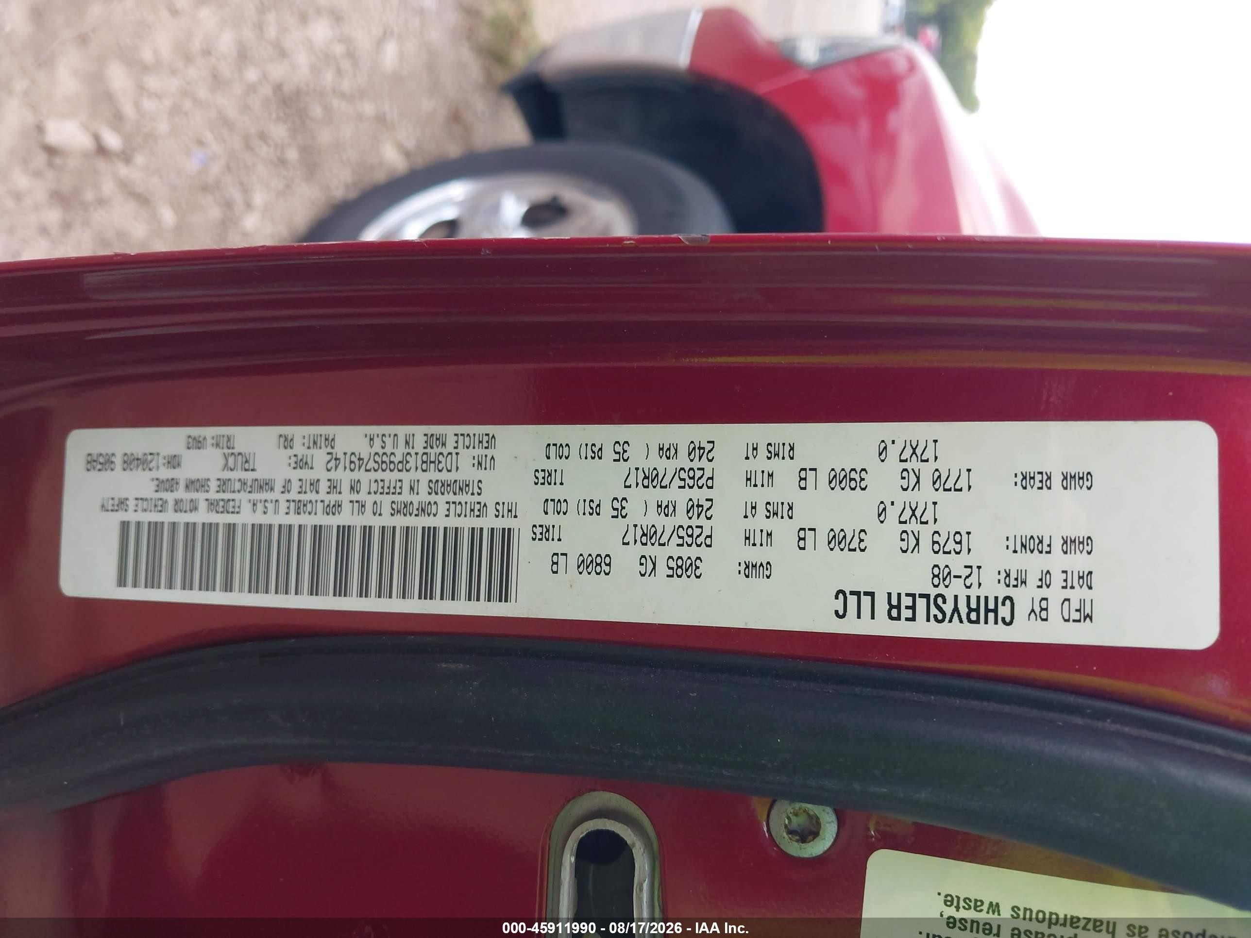 2009 Dodge Ram 1500 Slt/sport/trx Red vin: 1D3HB13P99S749142