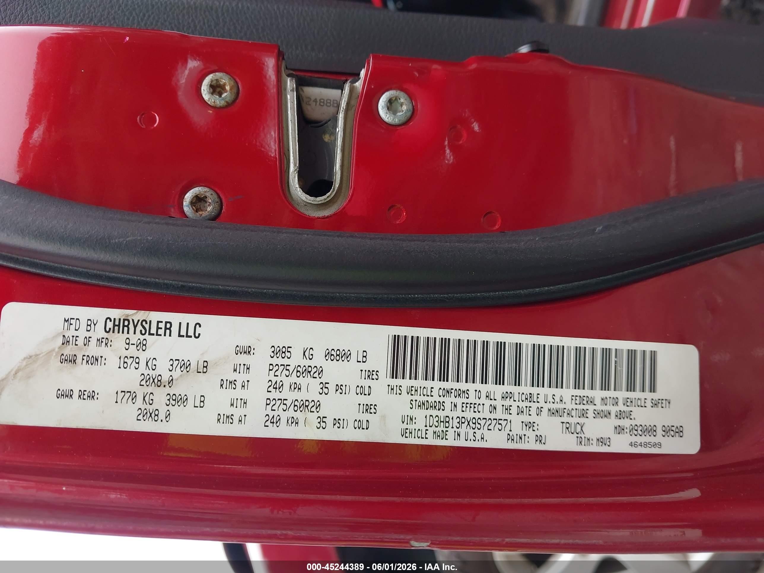 2009 Dodge Ram 1500 Slt/sport/trx Red vin: 1D3HB13PX9S727571