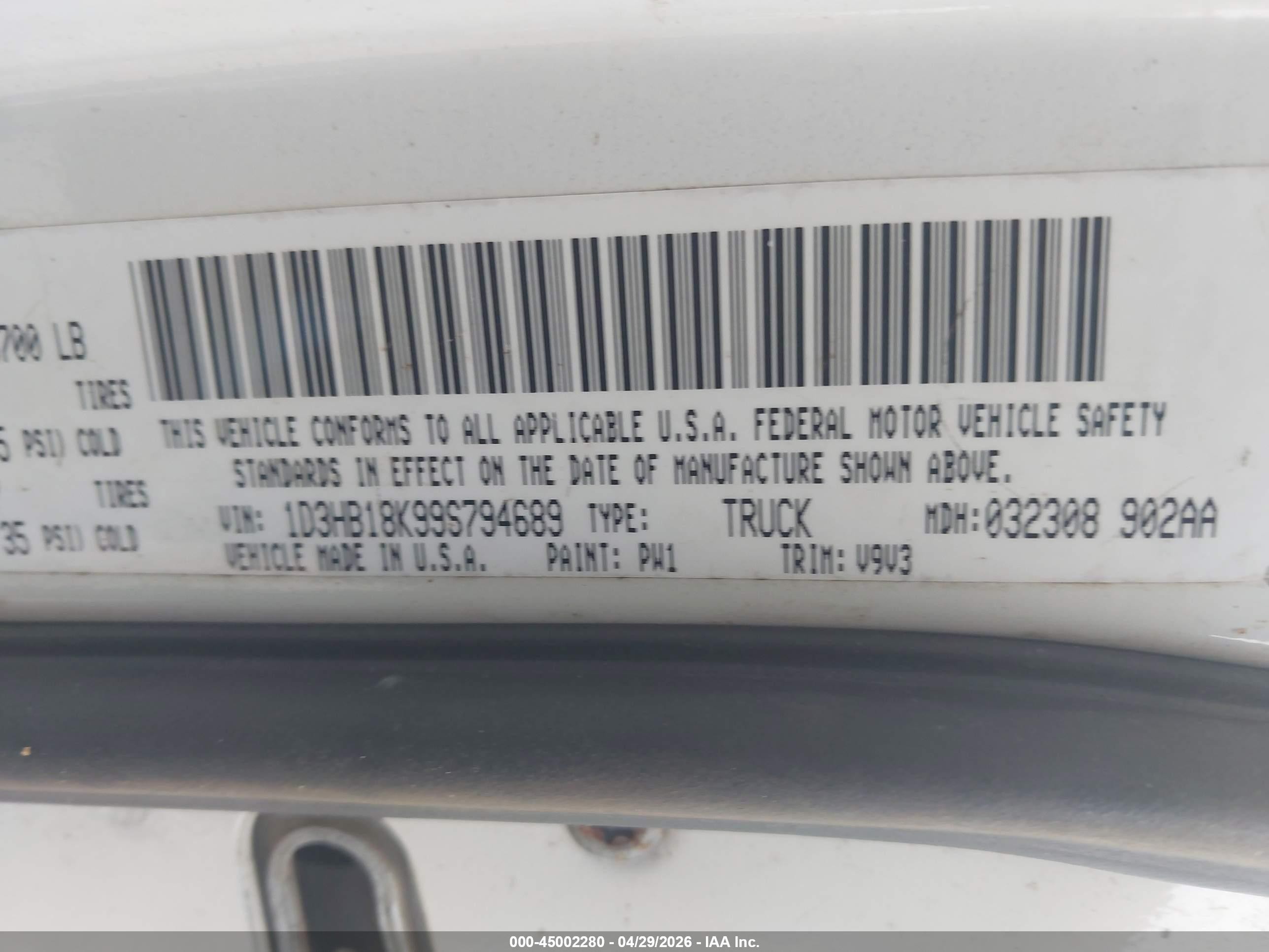 2009 Dodge Ram 1500 St White vin: 1D3HB18K99S794689
