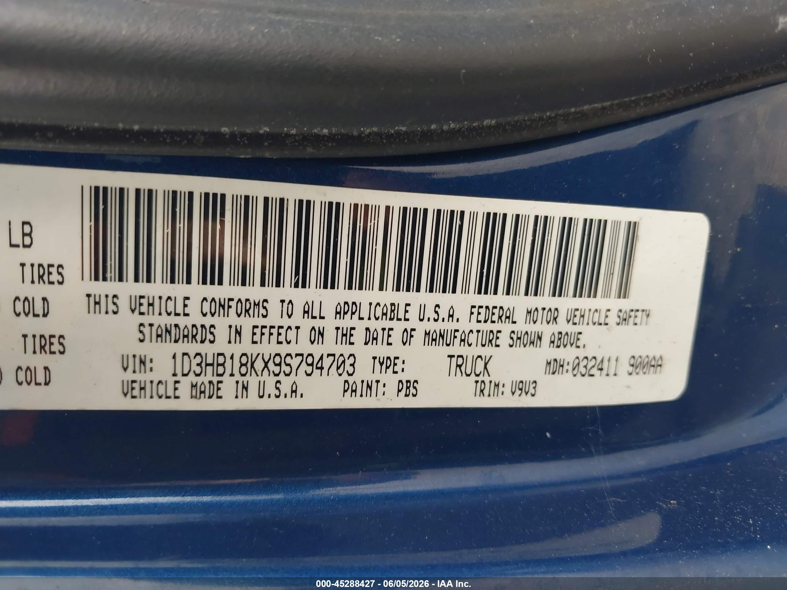2009 Dodge Ram 1500 St Синий vin: 1D3HB18KX9S794703