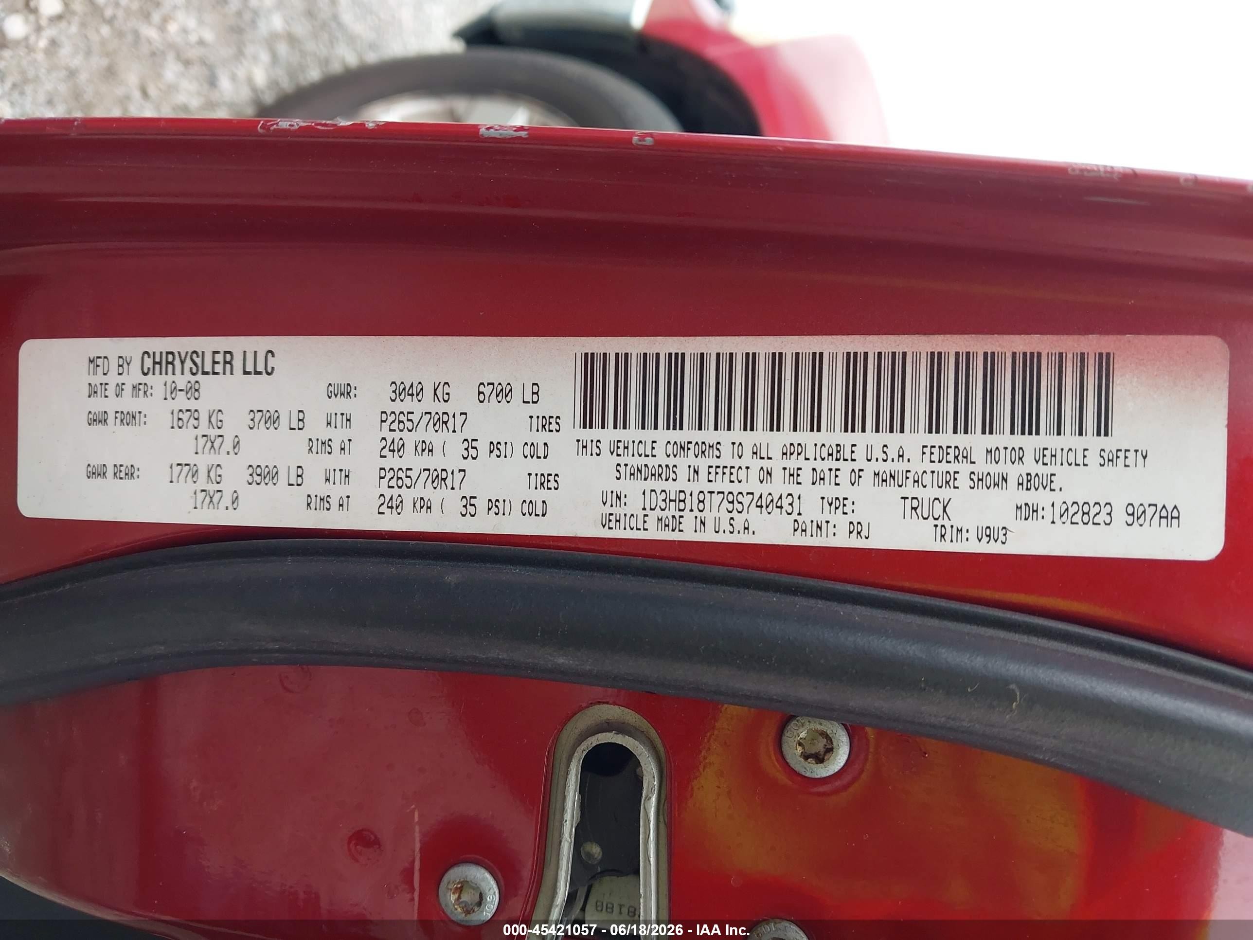 2009 Dodge Ram 1500 Slt/sport/trx Red vin: 1D3HB18T79S740431