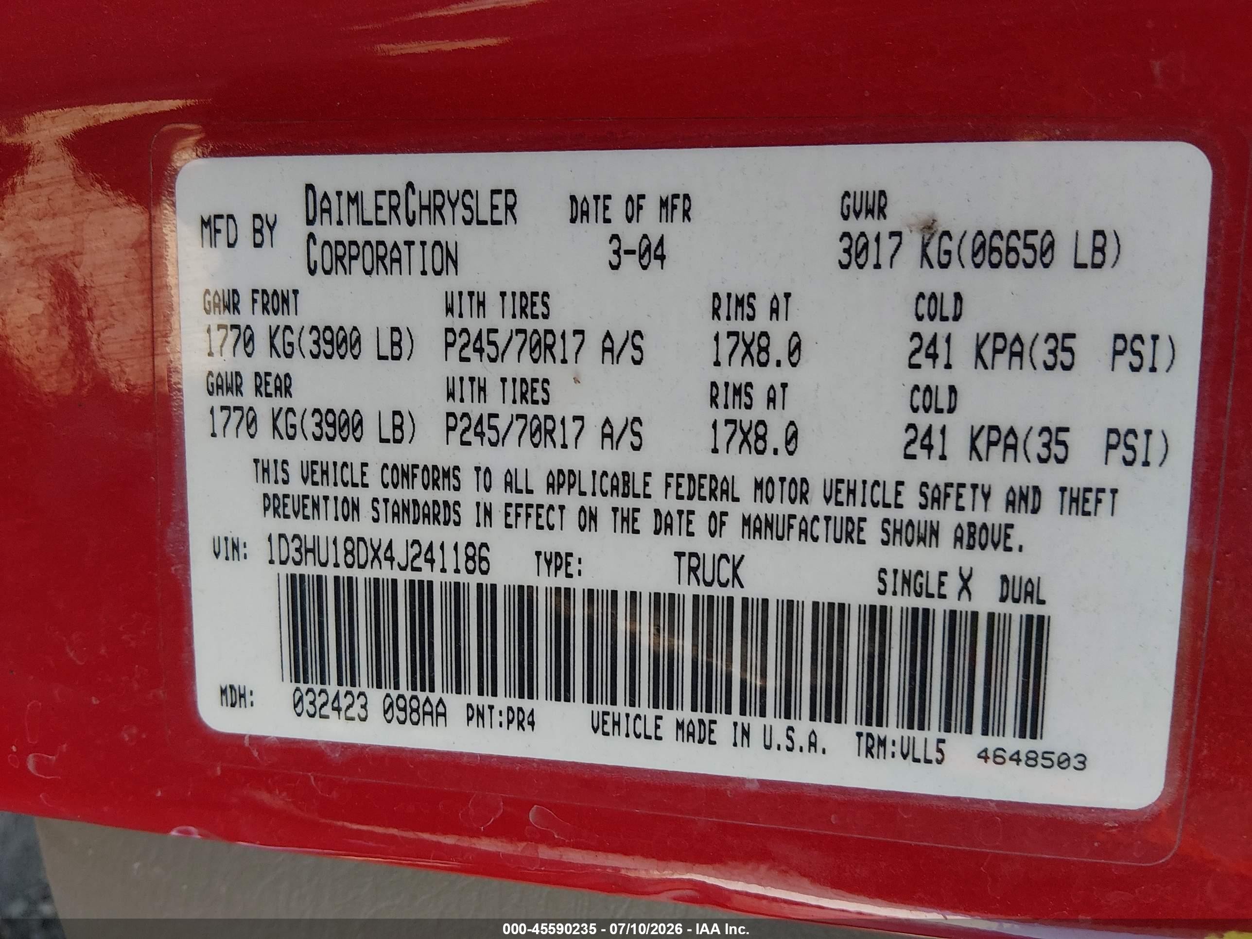 2004 Dodge Ram 1500 Slt/laramie Red vin: 1D3HU18DX4J241186