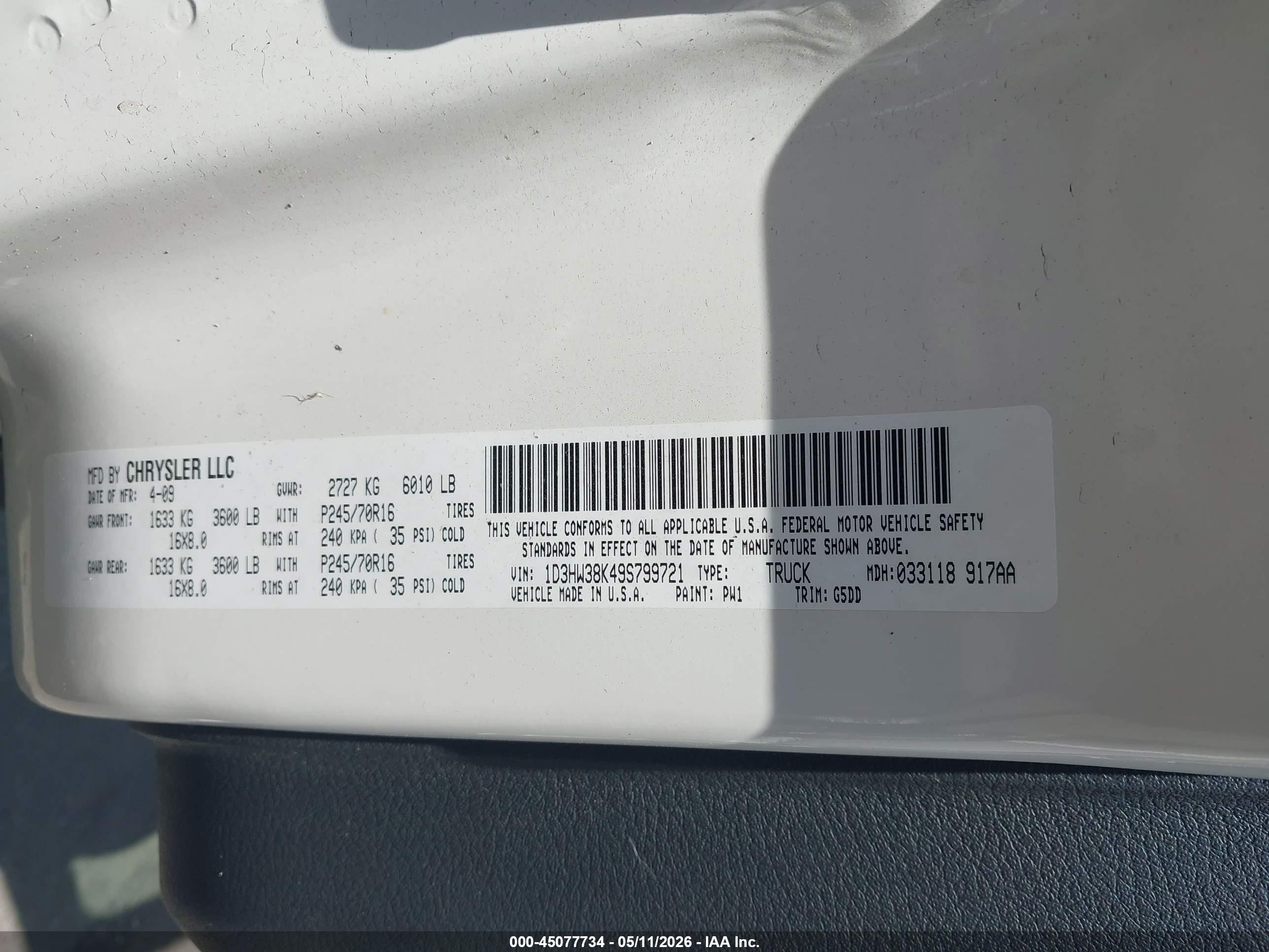 2009 Dodge Dakota Bighorn/lonestar White vin: 1D3HW38K49S799721