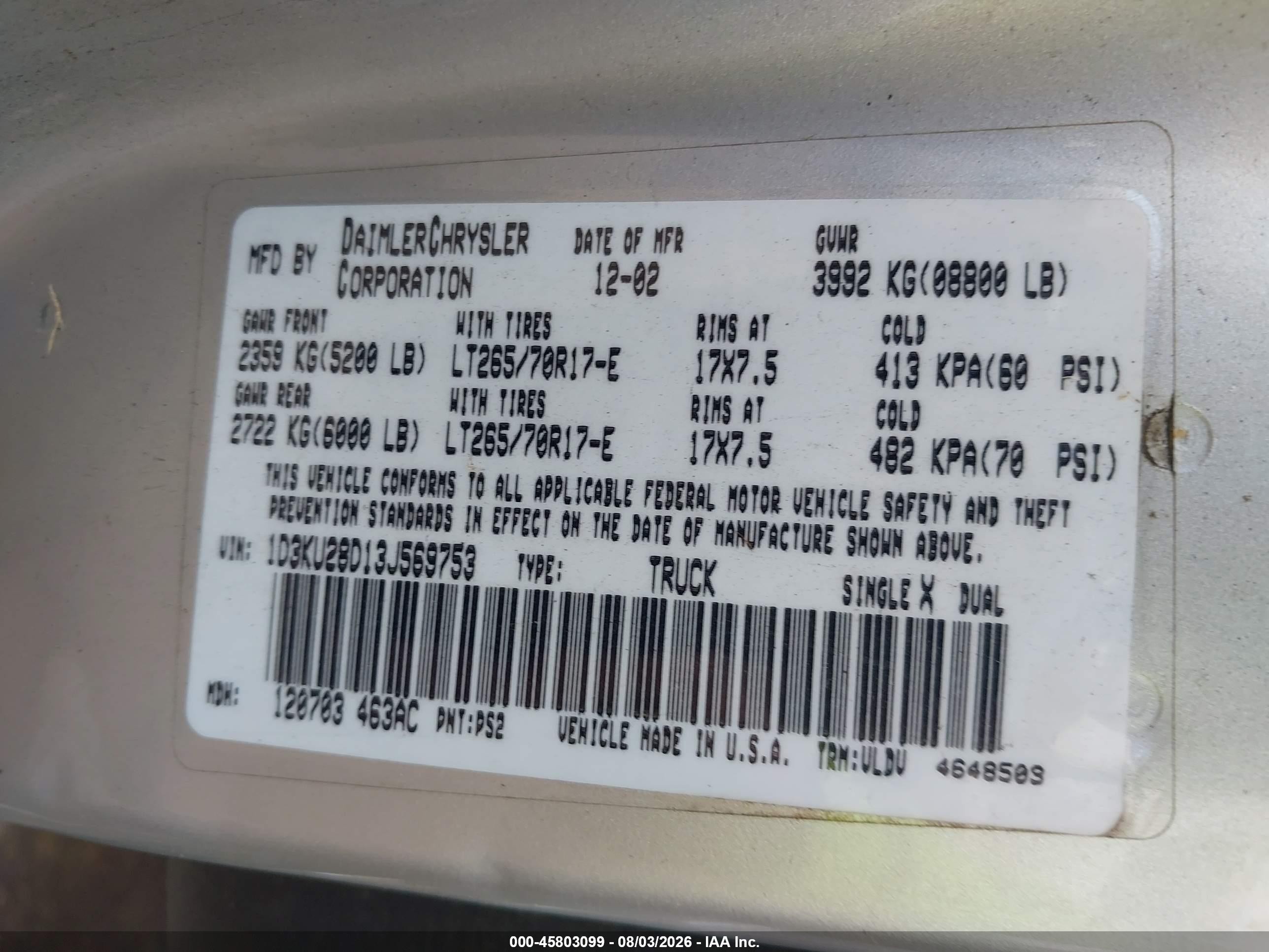 2003 Dodge Ram 2500 Slt/laramie/st Silver vin: 1D3KU28D13J569753