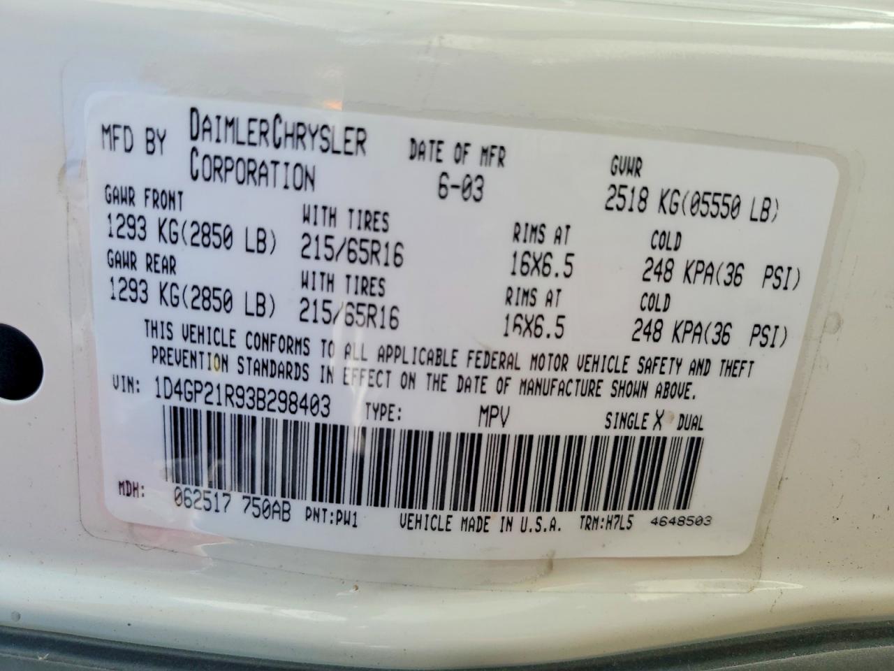 2003 Dodge Caravan C White vin: 1D4GP21R93B298403