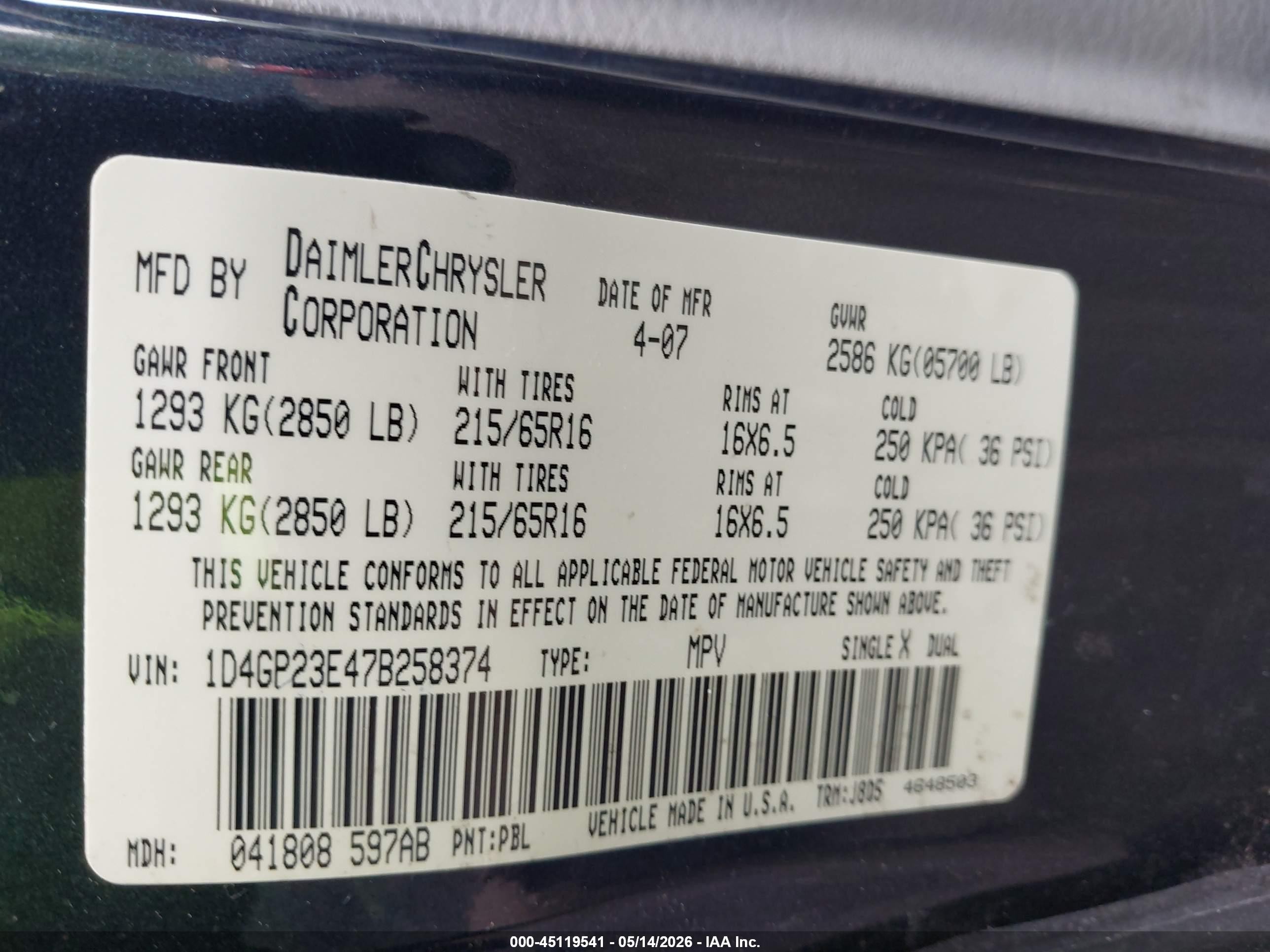 2007 Dodge Grand Caravan Cv Blue vin: 1D4GP23E47B258374