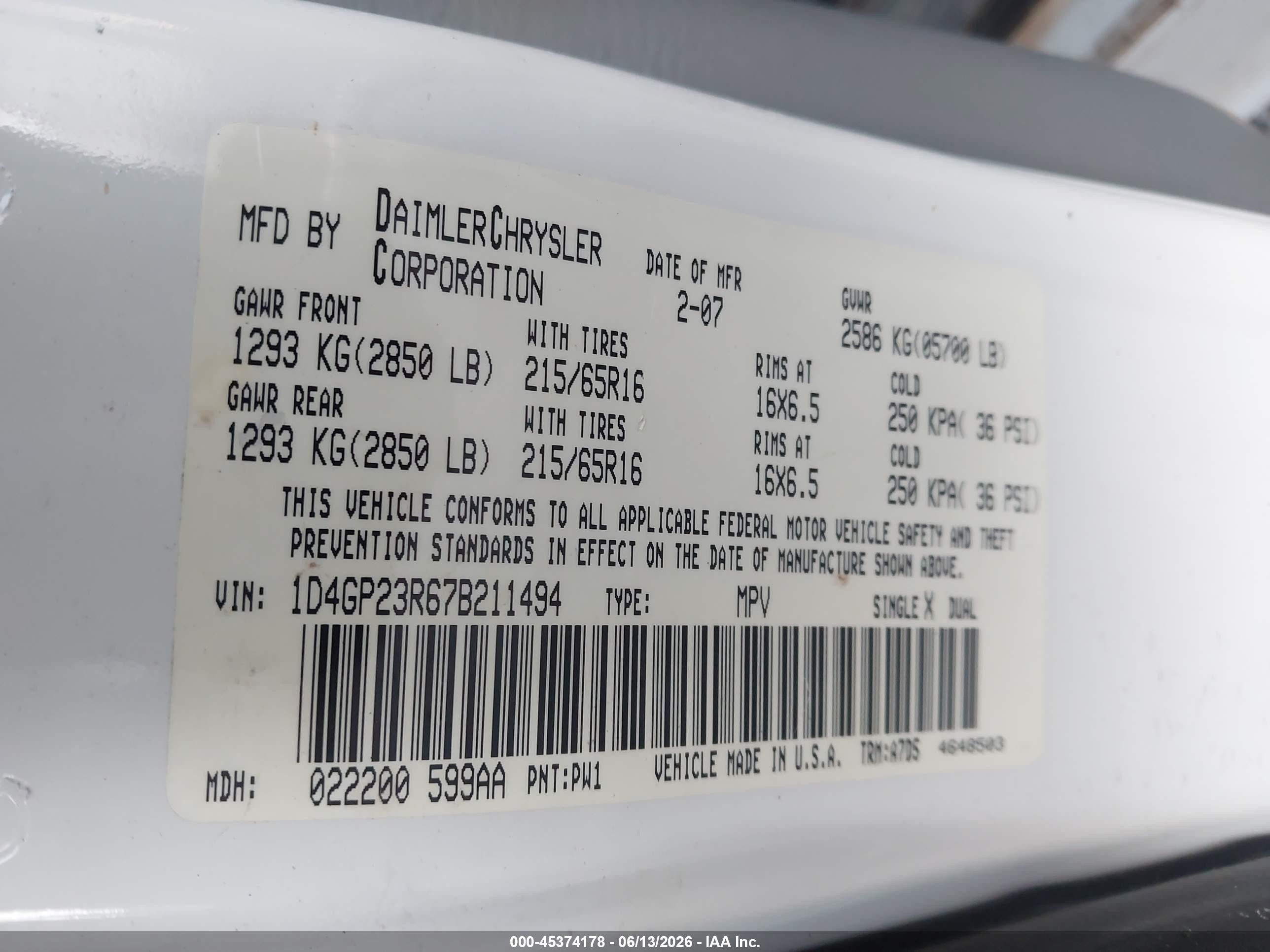 2007 Dodge Grand Caravan Cv White vin: 1D4GP23R67B211494